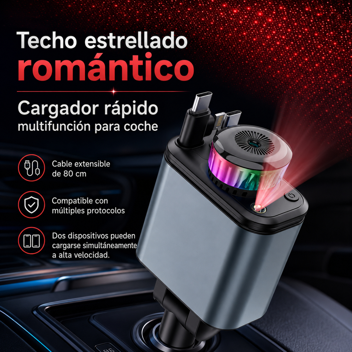 Un cargador de coche multifuncional con proyector y cables proyecta estrellas rojas en el techo del coche.