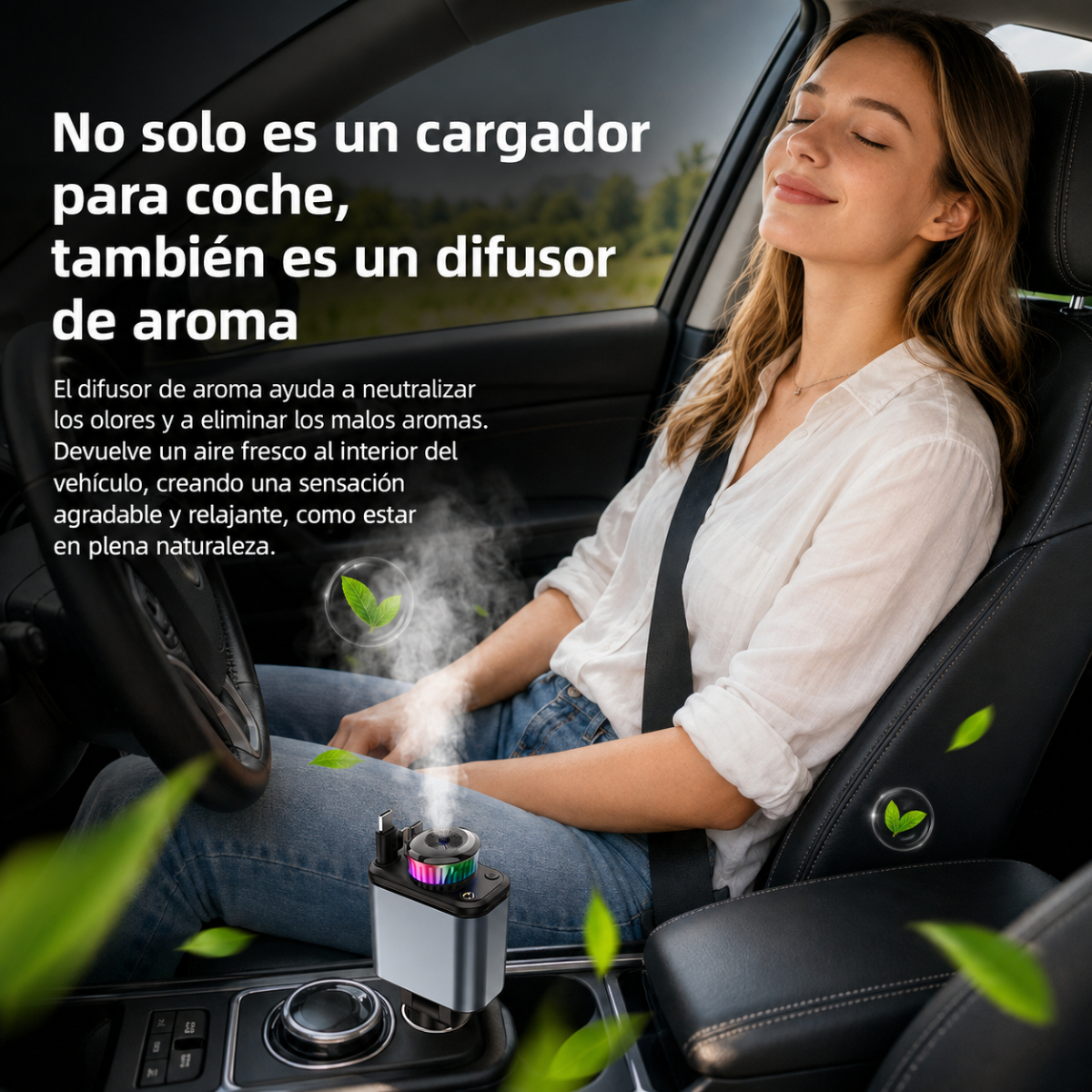 Mujer relajada en el auto mientras un difusor de aroma emite vapor y hojas verdes.