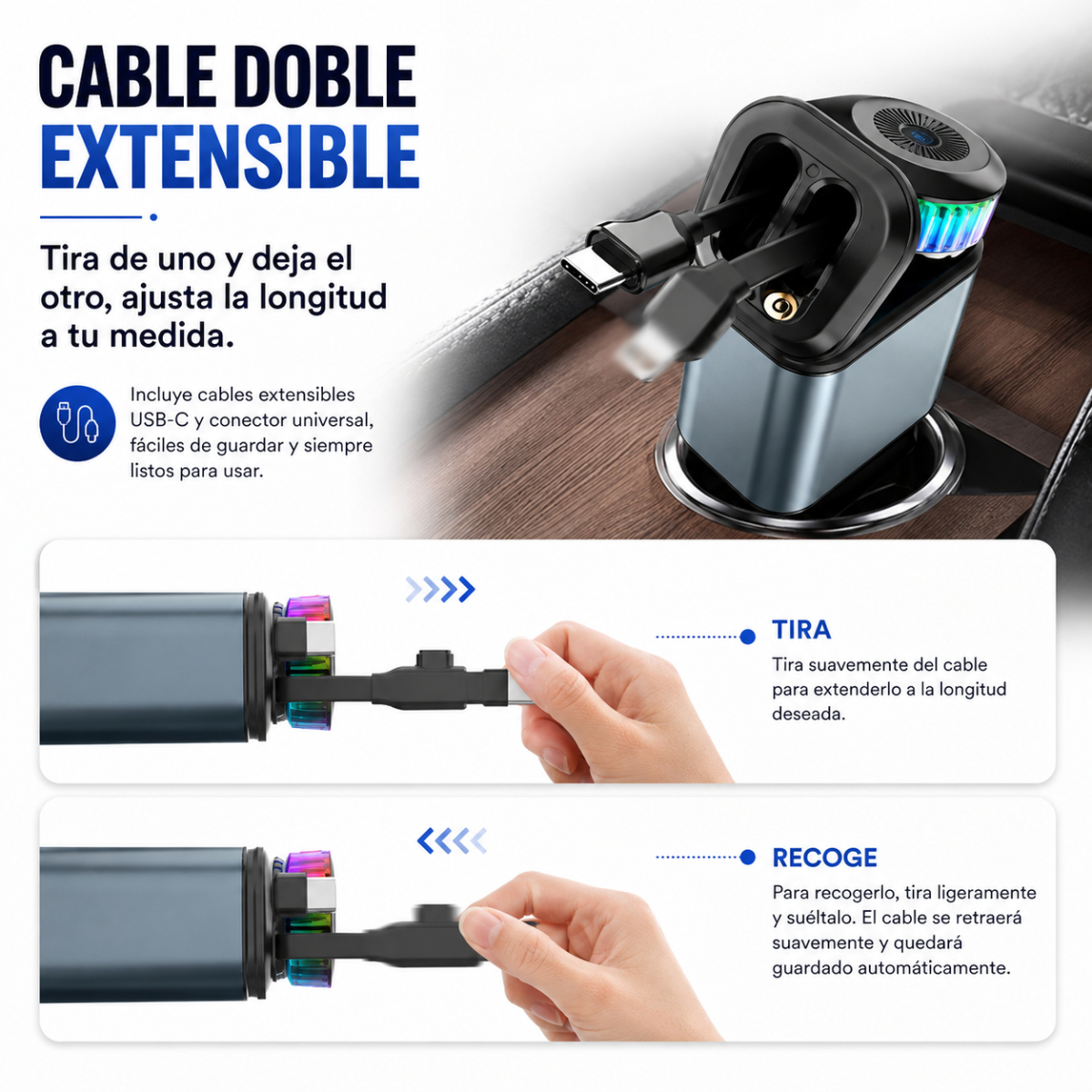 Cargador de coche con cables USB-C y universal extensibles, mostrando cómo estirar y retraer.