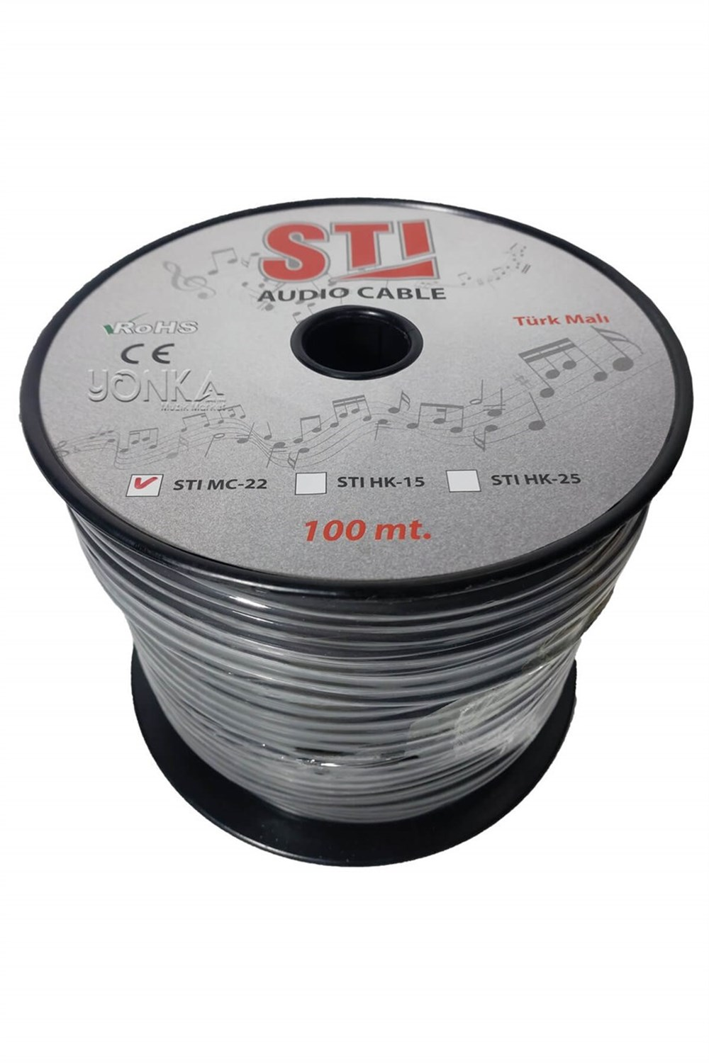 Üzerinde STI Audio Cable ve 100 mt yazan gri ses kablosu makarası.