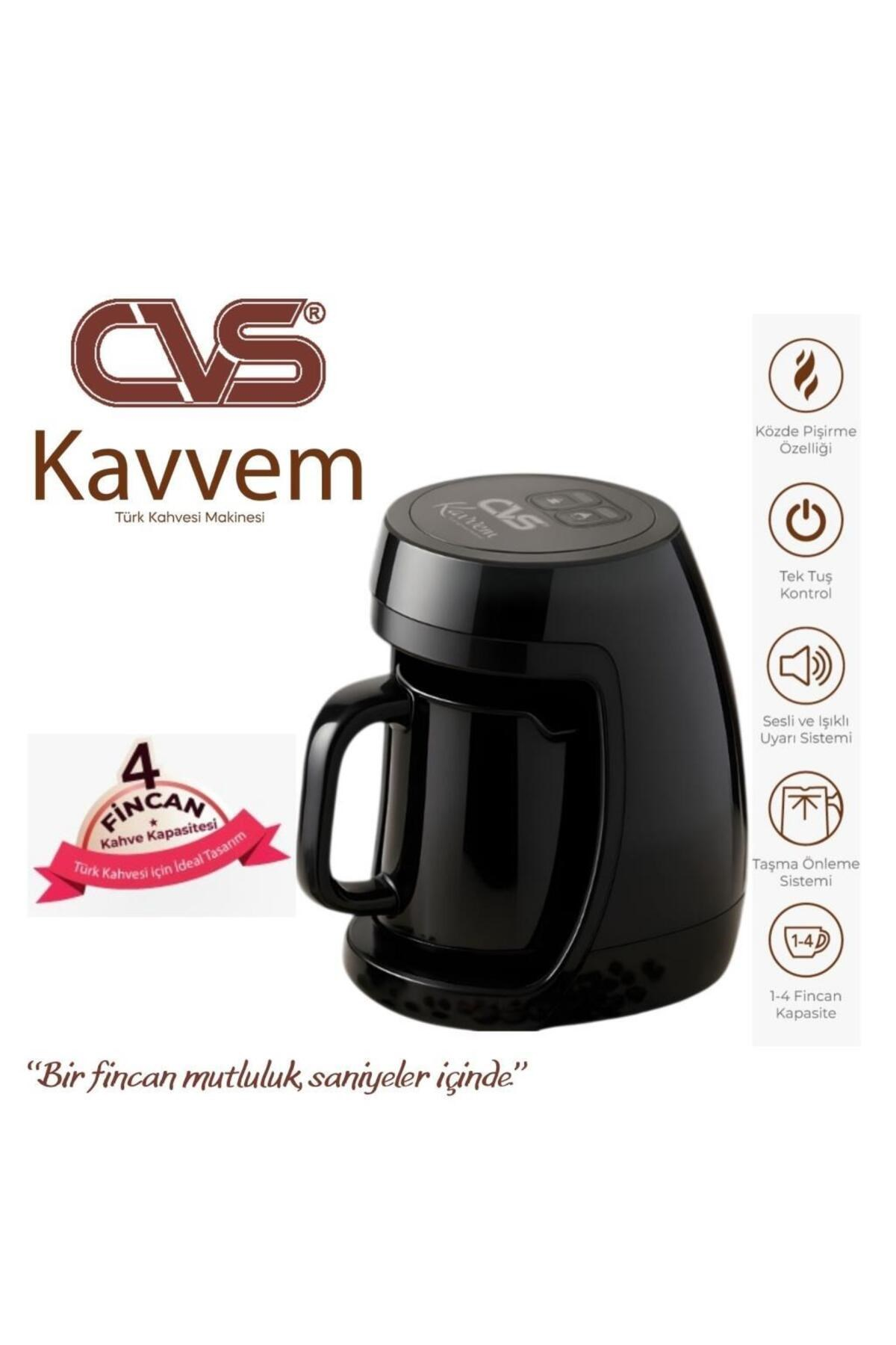 Fincanlı, marka logolu ve özellik ikonlu siyah CVS Kavvem Türk kahvesi makinesi.