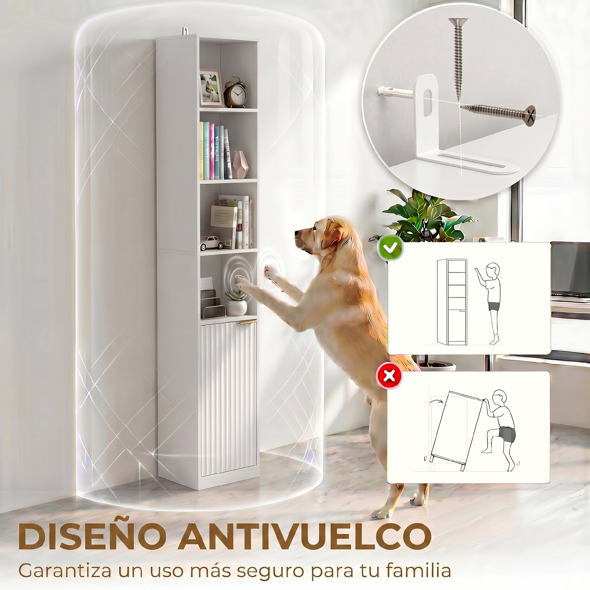 Un perro se apoya en una estantería blanca alta asegurada a la pared con un soporte antivuelco.