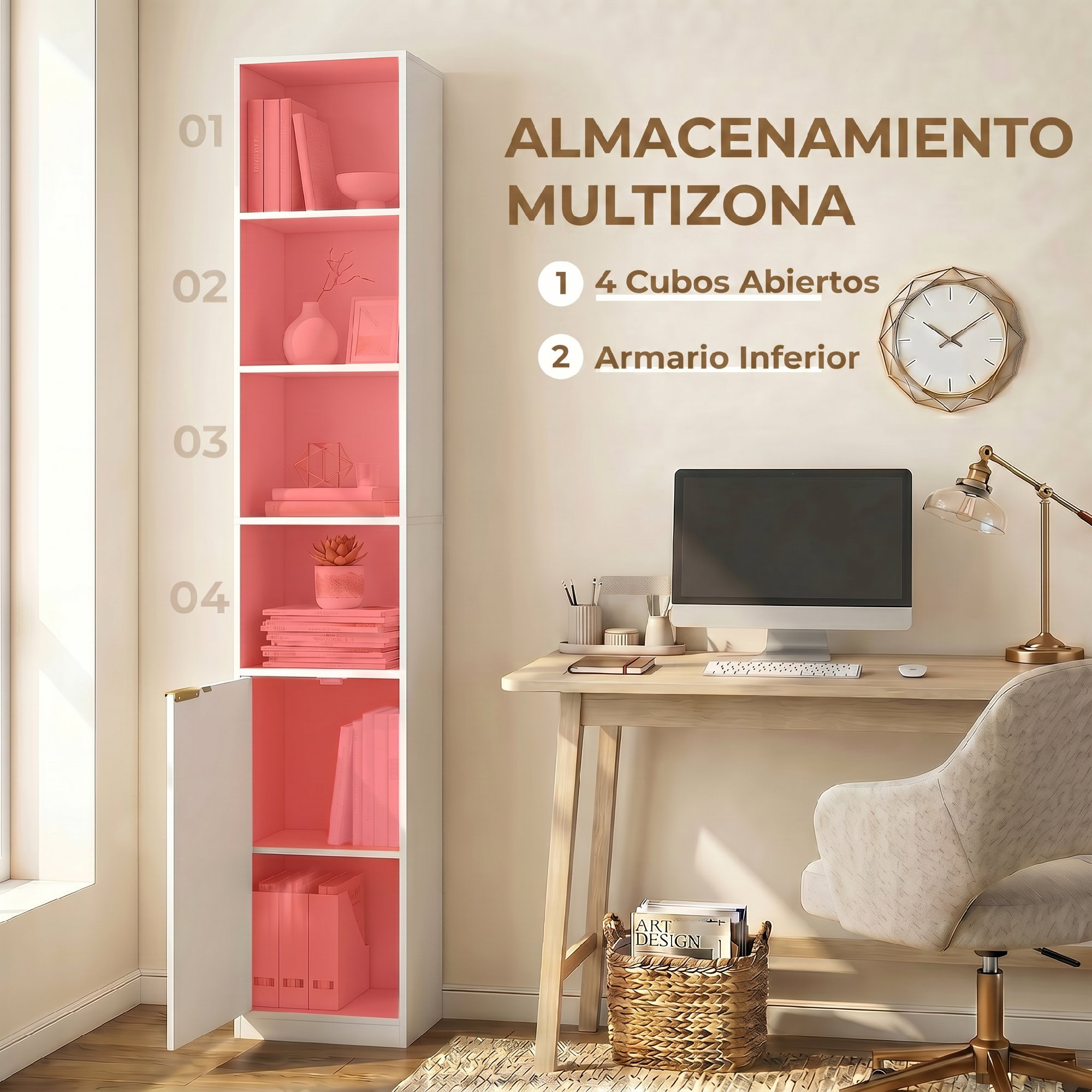 Una estantería alta blanca y rosa junto a un escritorio de madera con ordenador.