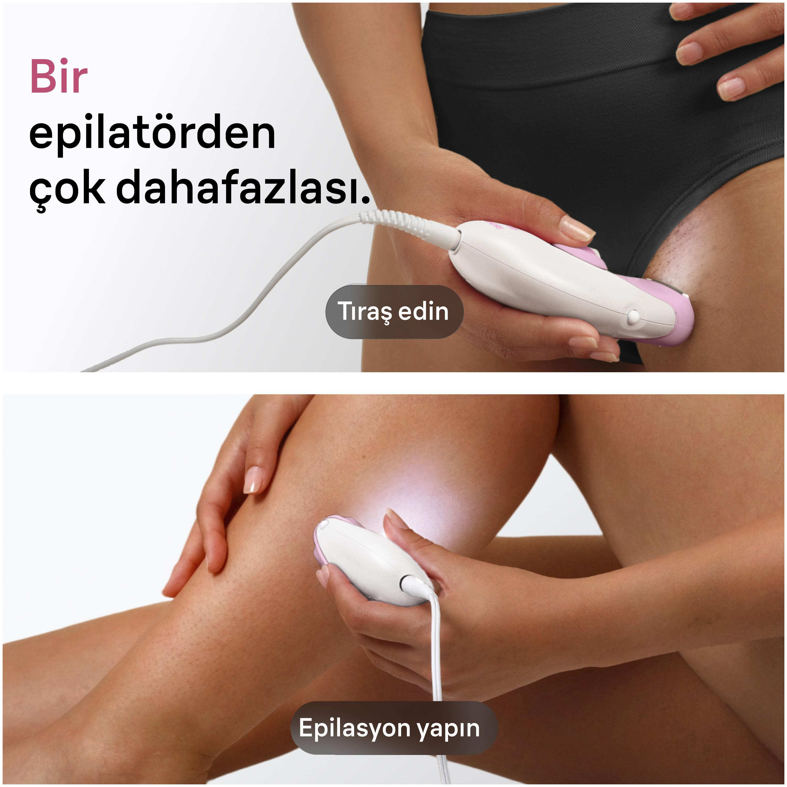 Donna che usa un epilatore bianco e rosa sulle gambe e sulla zona bikini.