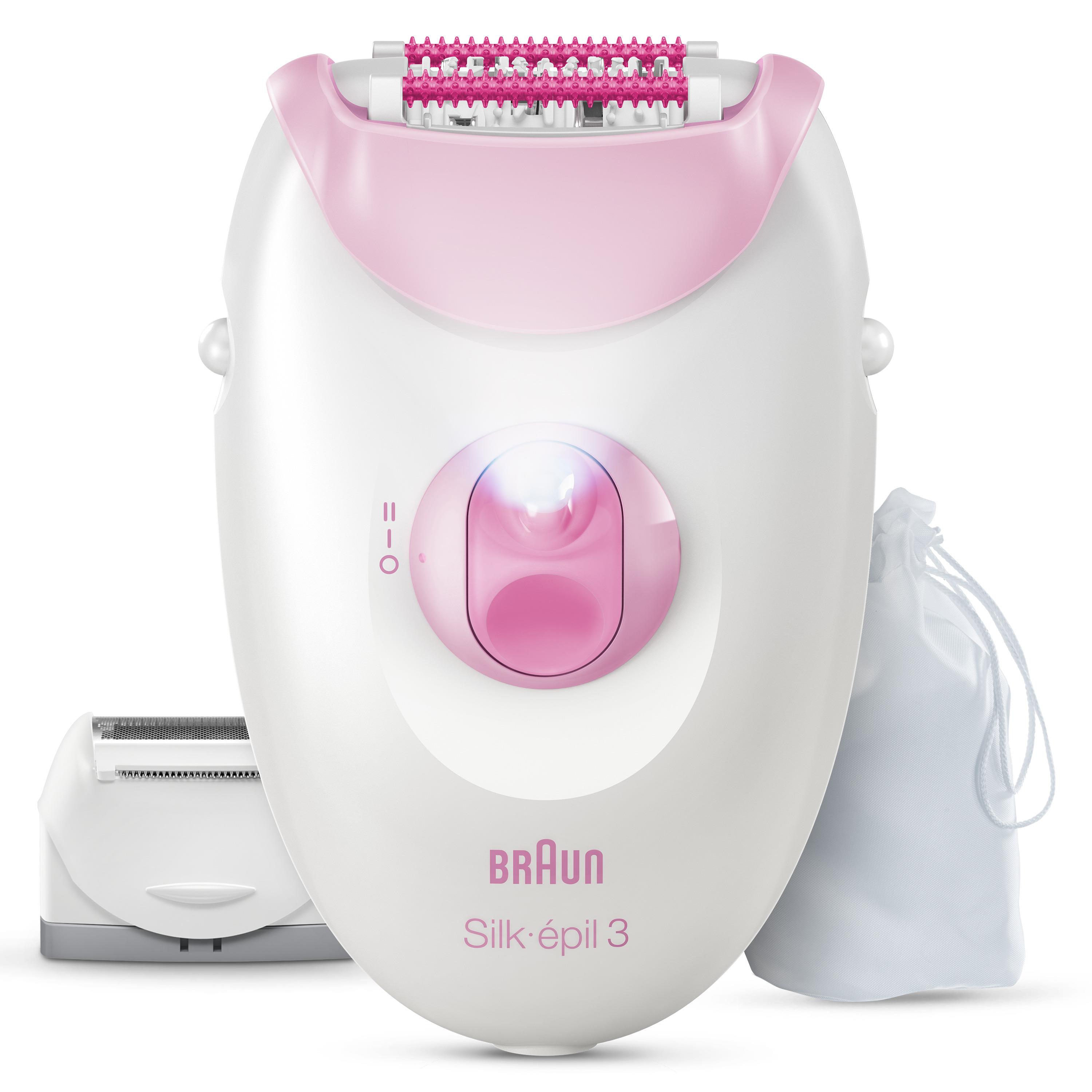 Un epilatore Braun Silk-épil 3 bianco e rosa con testina e borsetta su sfondo bianco.