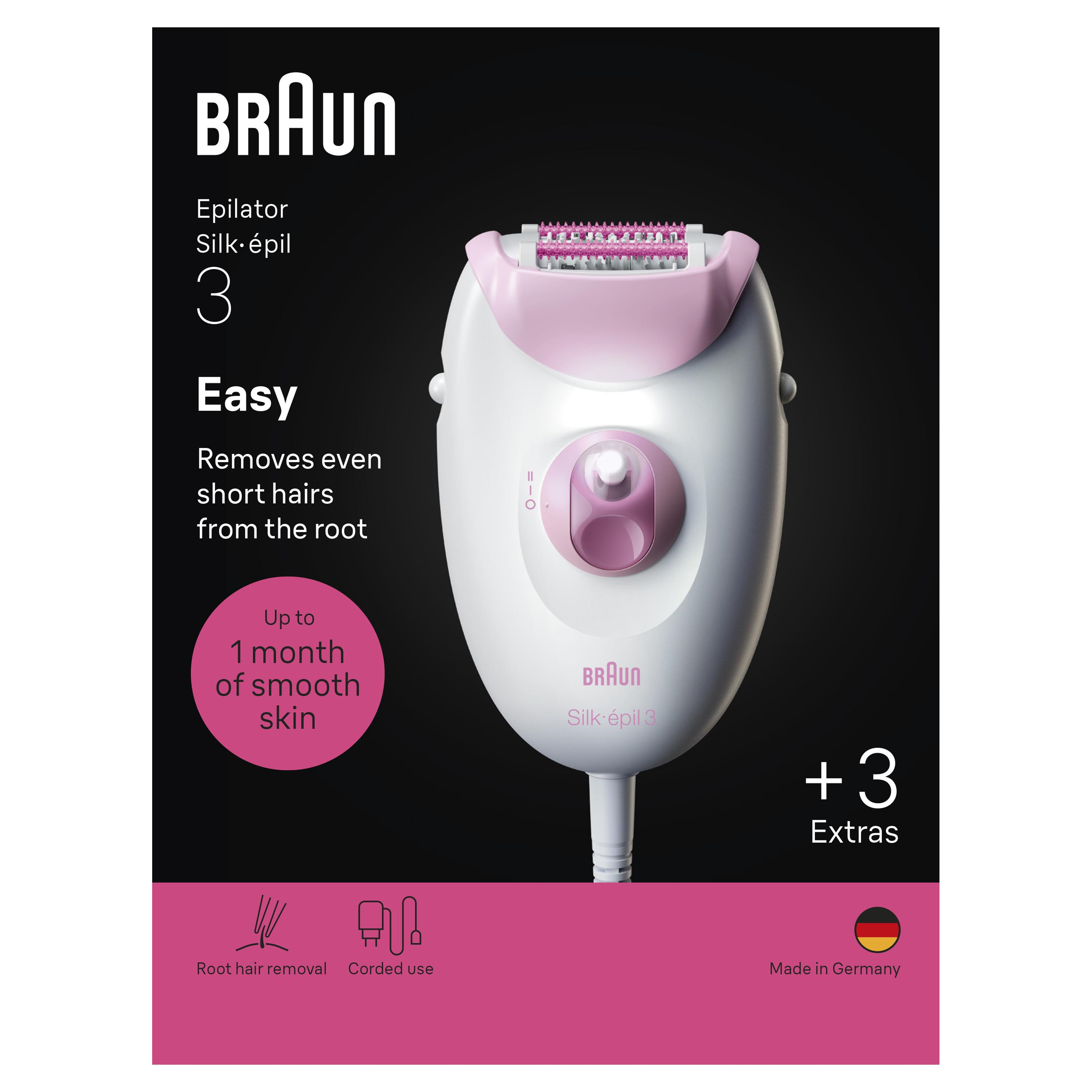 Epilatore Braun Silk-épil 3 bianco e rosa su sfondo nero con testo e icone.