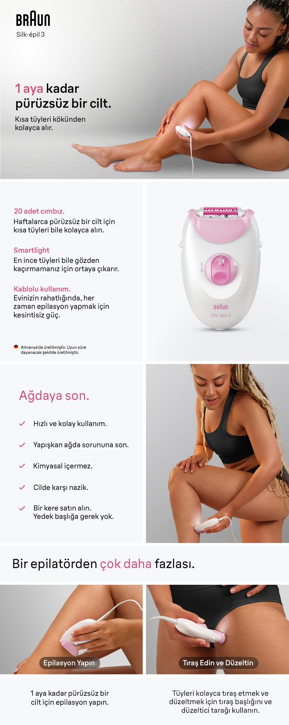 Pubblicità dell'epilatore Braun Silk-épil 3, con caratteristiche, foto del prodotto e donne che lo usano sulle gambe.