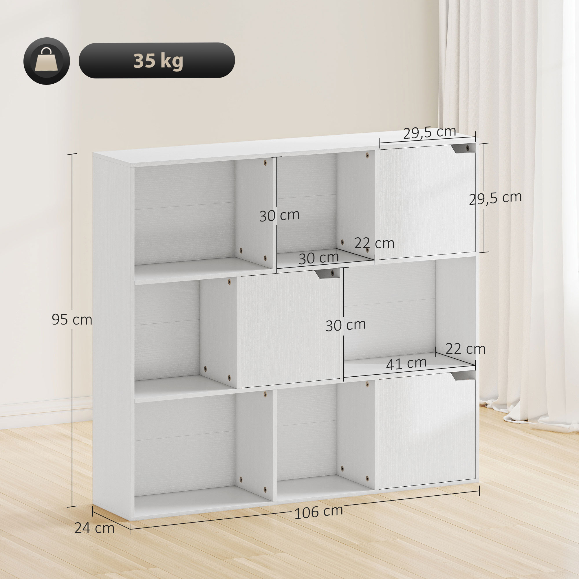 Estantería blanca de cubos con nueve compartimentos, dimensiones y un icono de límite de peso de 35 kg.