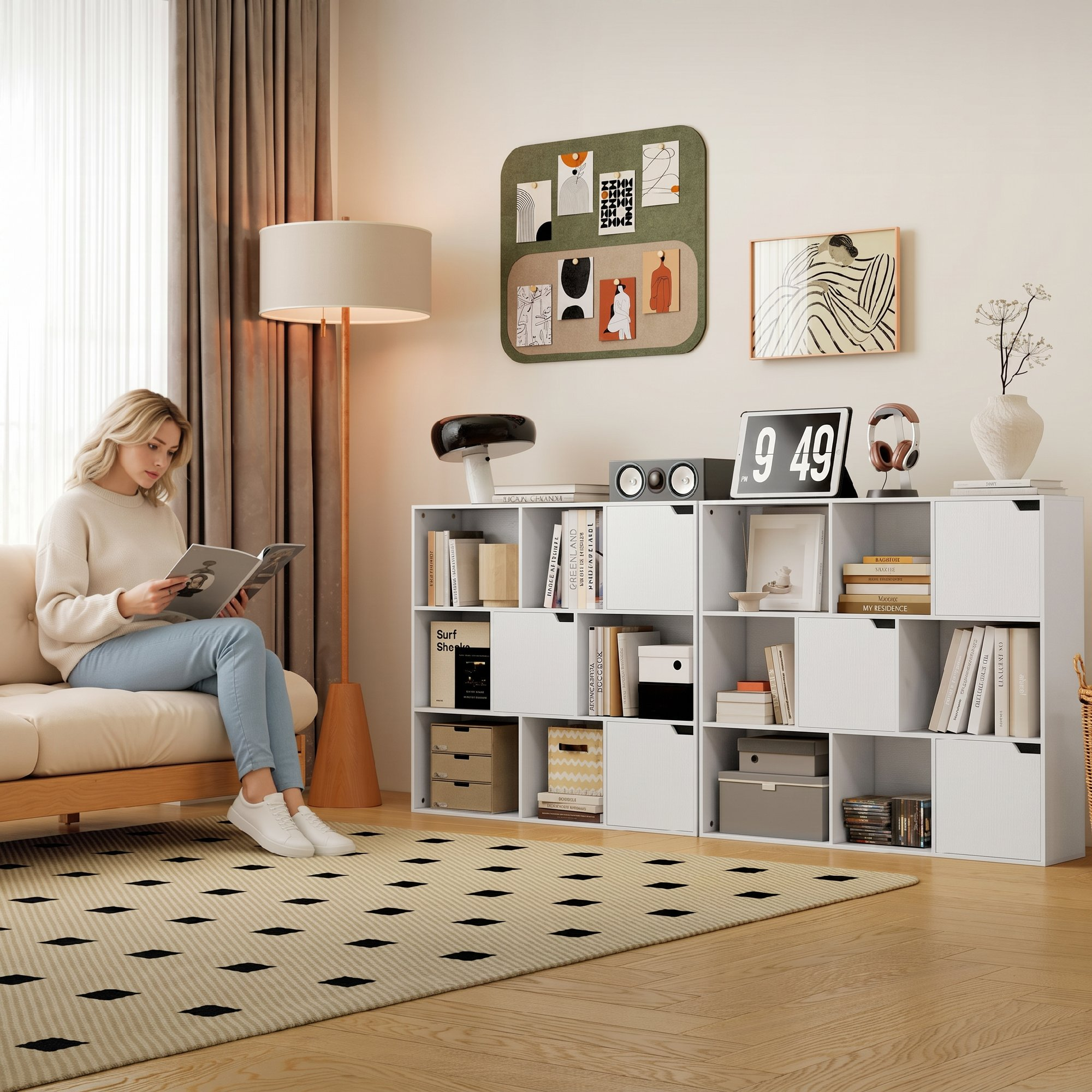 Una mujer rubia se sienta en un sofá beige, leyendo una revista en una sala de estar iluminada.