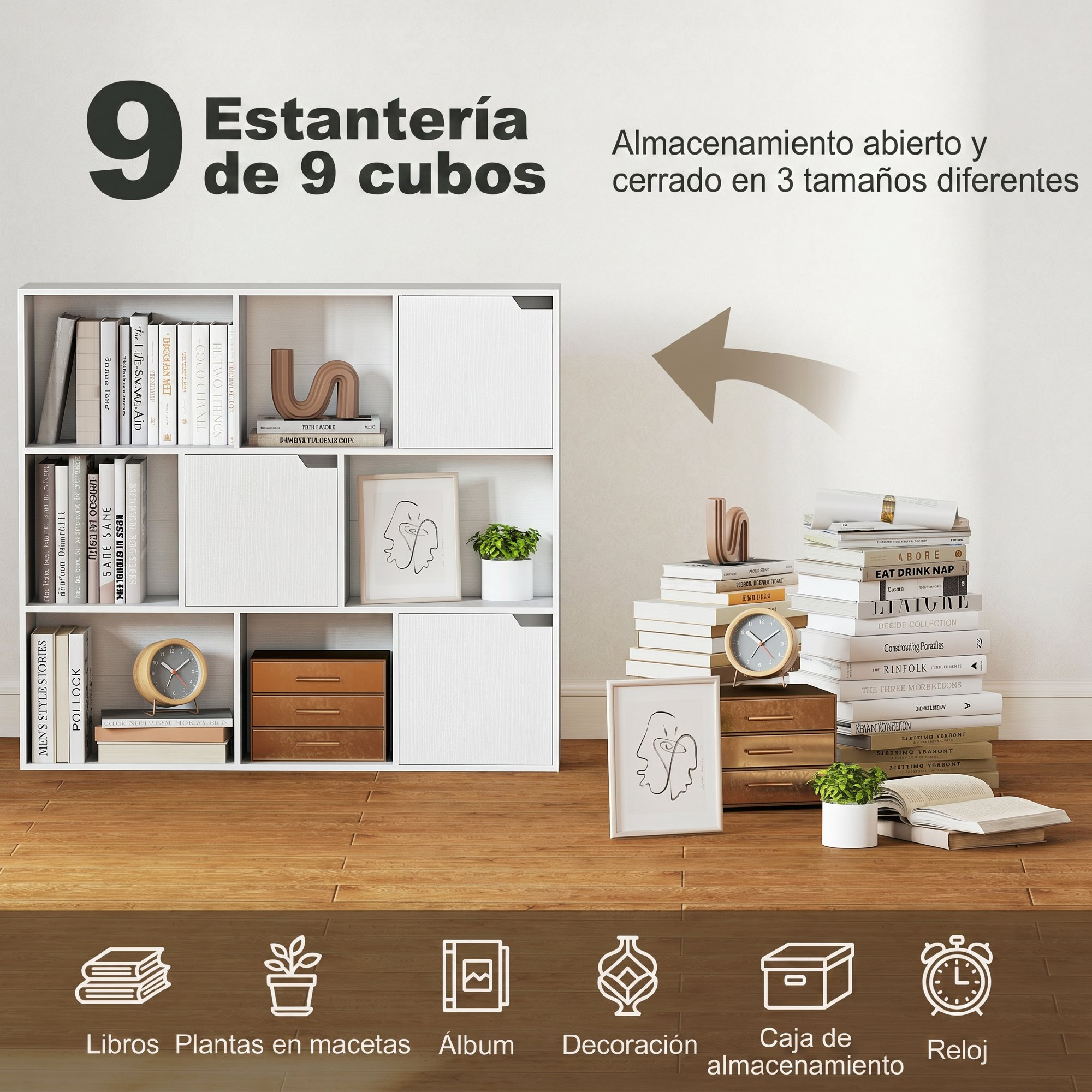 Estantería blanca de 9 cubos con libros, plantas, decoración, relojes y cajones en suelo de madera.