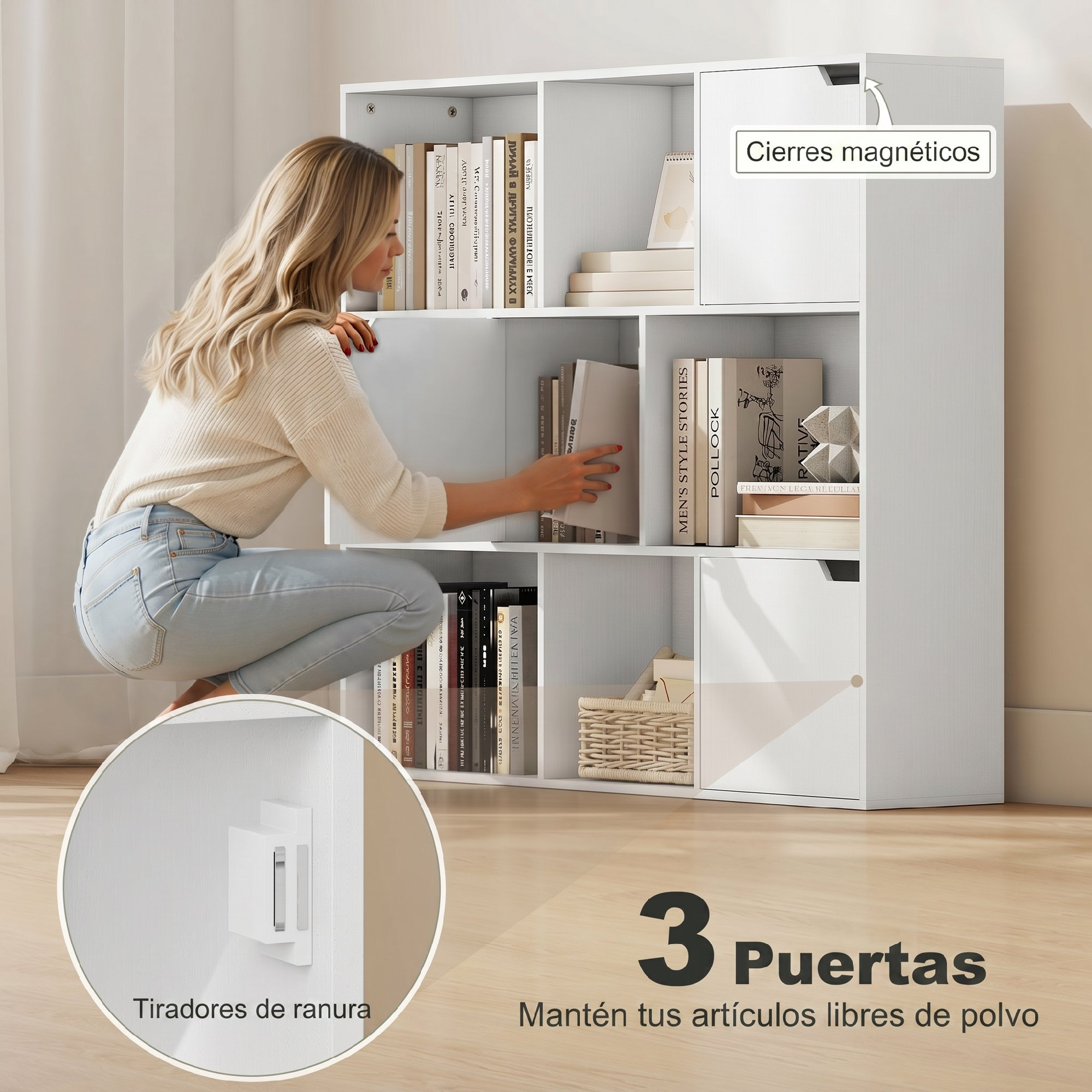 Una mujer rubia en jeans y suéter organiza libros en una estantería blanca con puertas magnéticas.