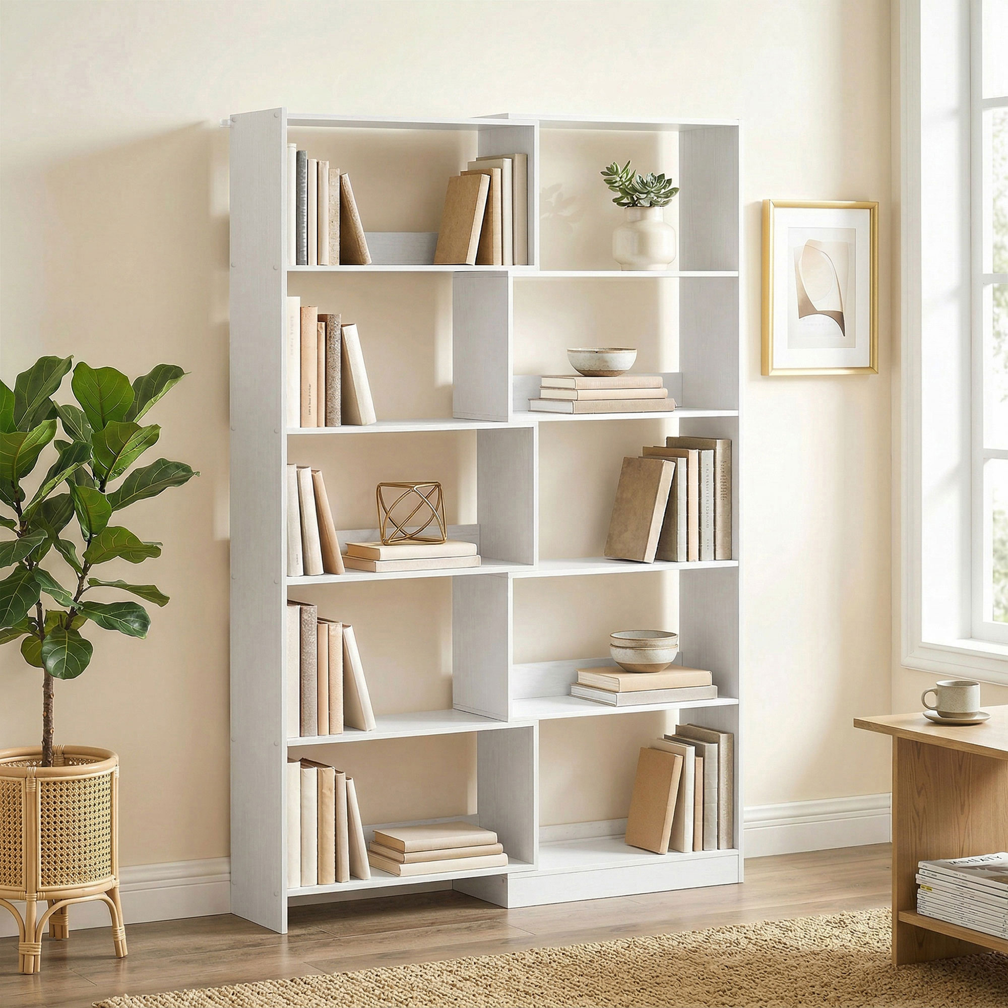 Una estantería modular blanca con libros, decoración y plantas en una habitación luminosa.