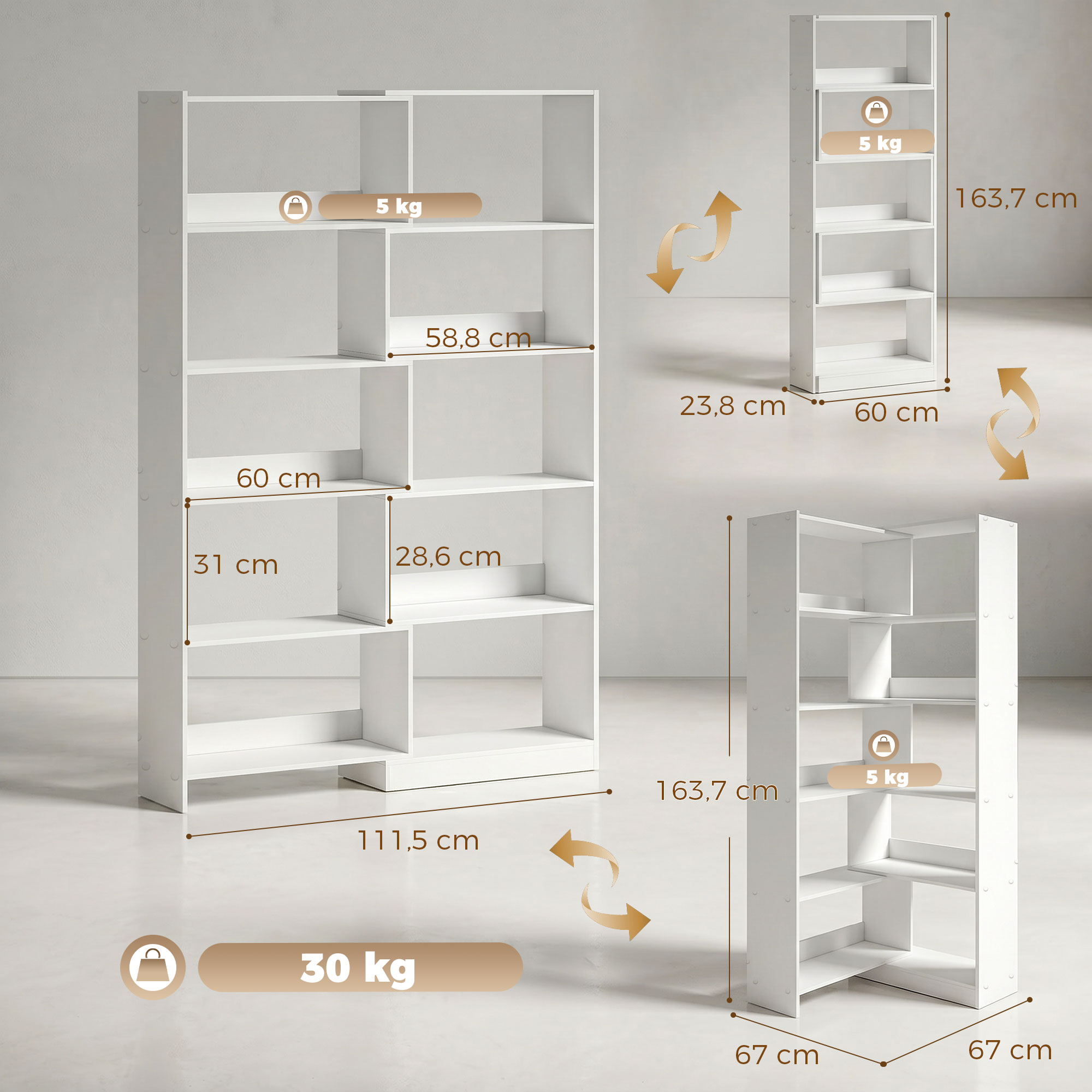 Estantería blanca con medidas de dimensiones y límites de peso en varias vistas.