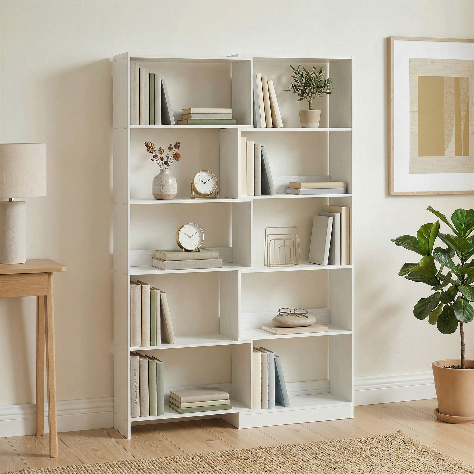 Una estantería blanca con libros, relojes, plantas y decoración en una habitación luminosa y moderna.