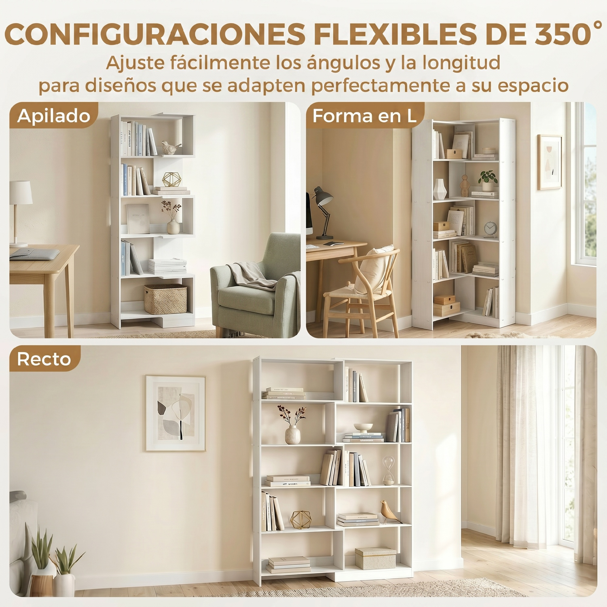 Libreria blanca flexible en tres configuraciones, con libros y decoracion.