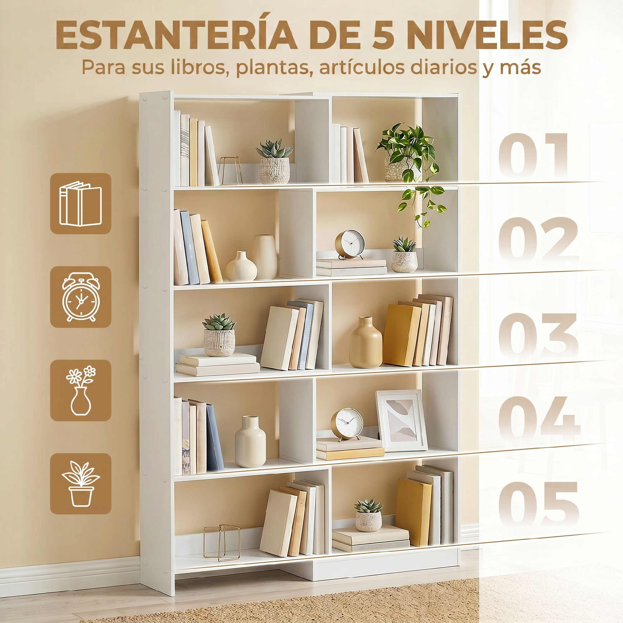 Una estantería blanca de 5 niveles decorada con libros, plantas, jarrones y relojes.