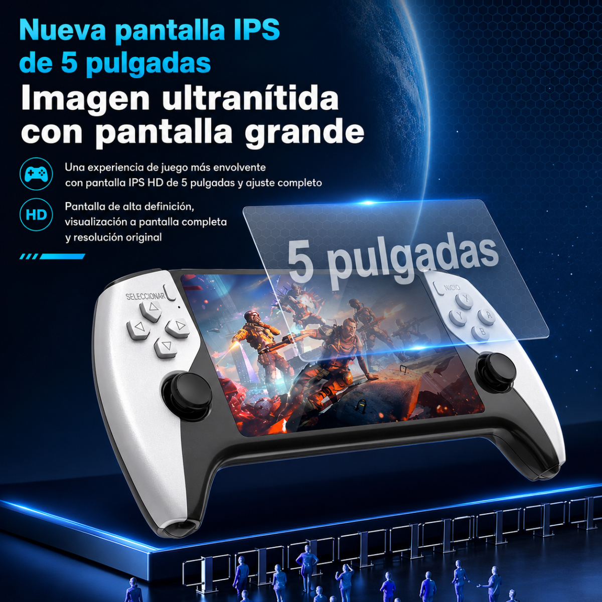 Una consola de videojuegos portátil con pantalla de 5 pulgadas y texto promocional.