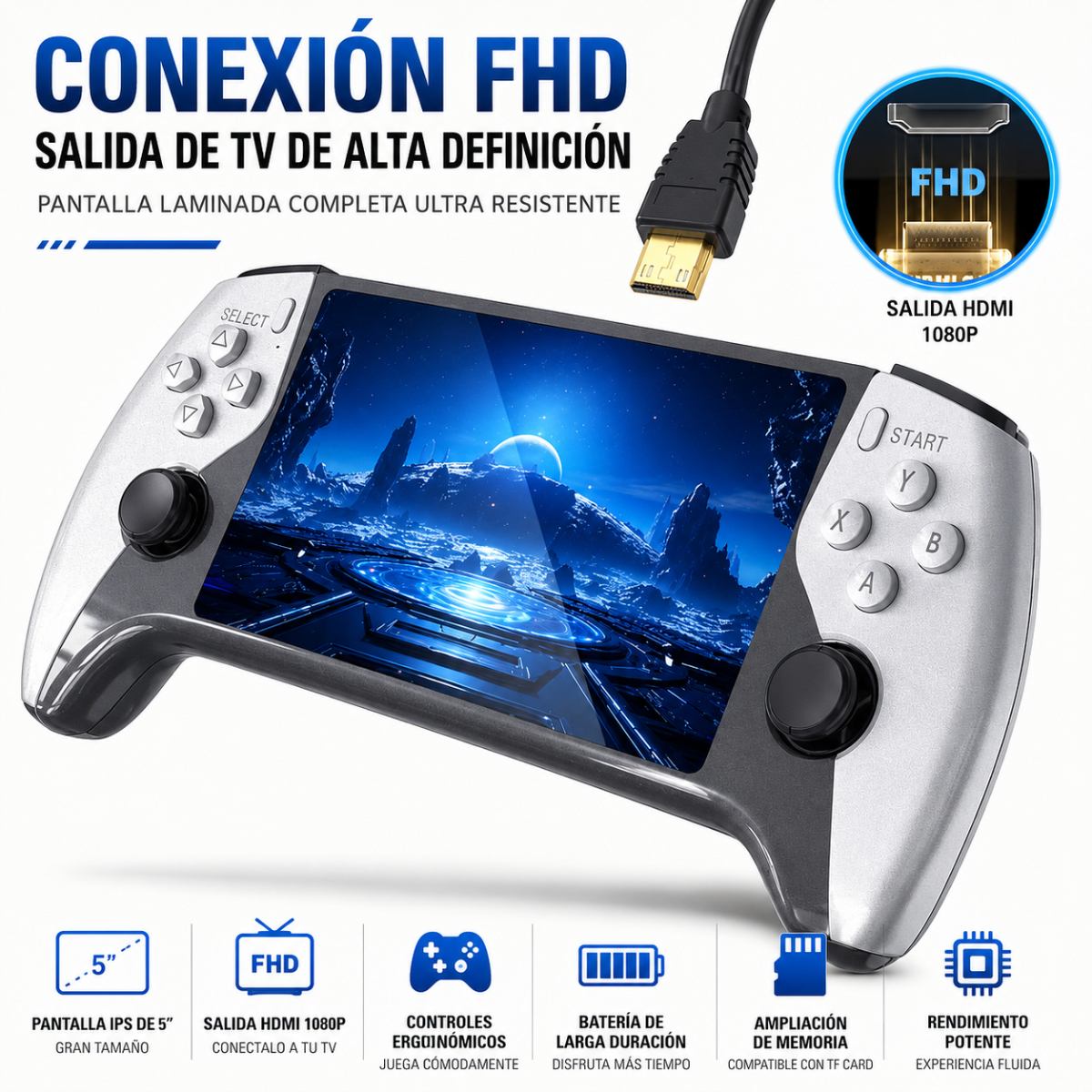Consola portátil con pantalla de 5 pulgadas, controles ergonómicos y salida HDMI.