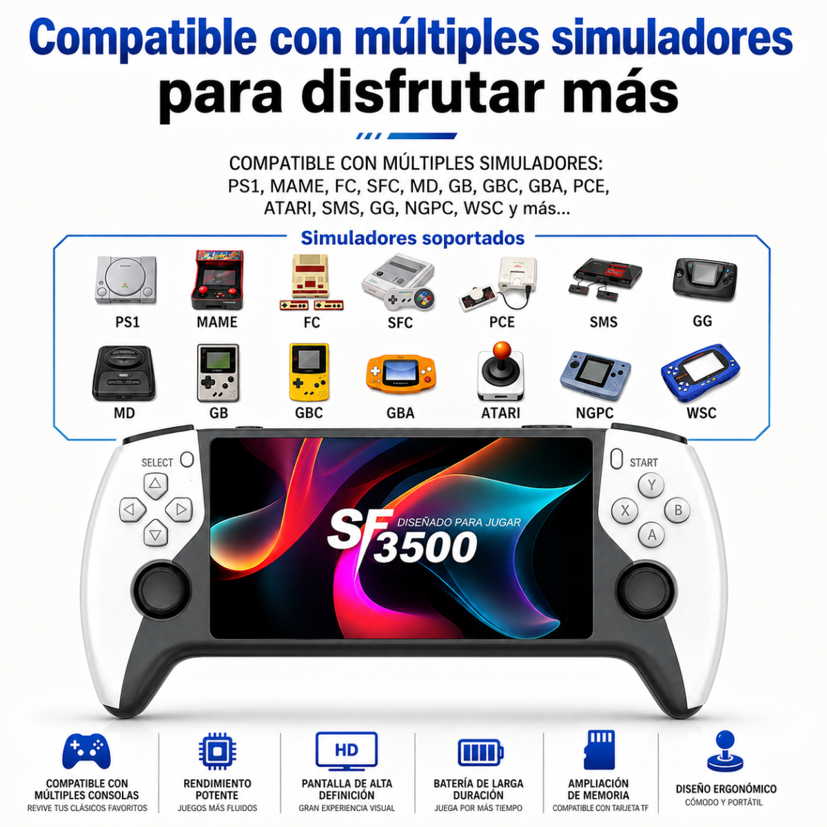 Consola de juegos portátil SF3500 con carcasa blanca y numerosos emuladores compatibles mostrados.