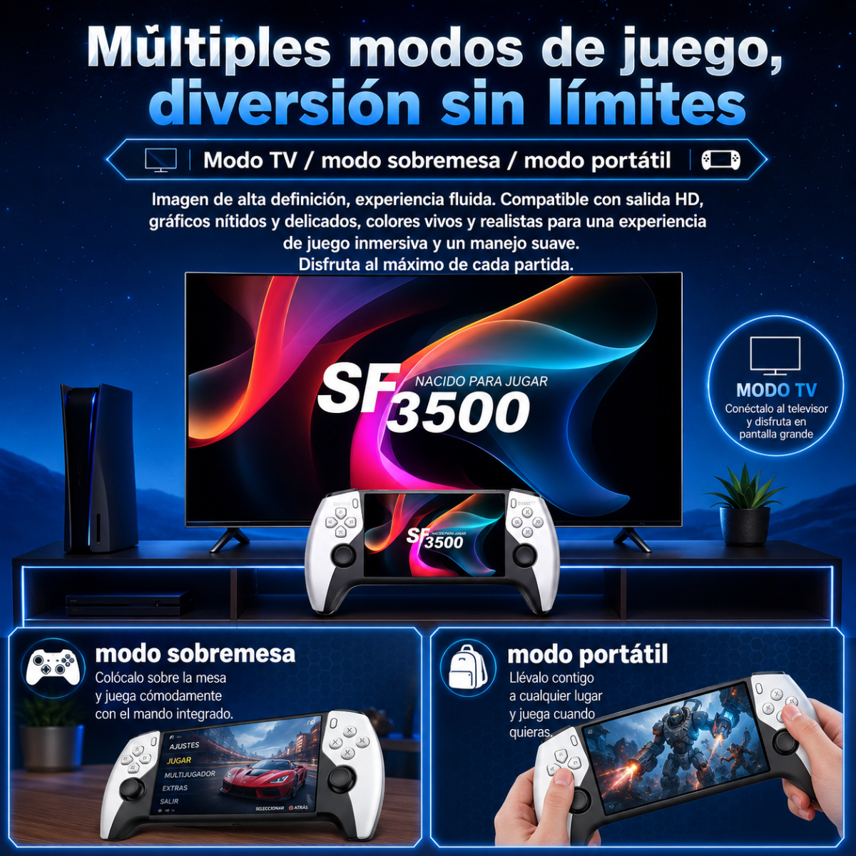 Un anuncio de la consola SF3500 muestra los modos de juego TV, sobremesa y portátil con mandos.