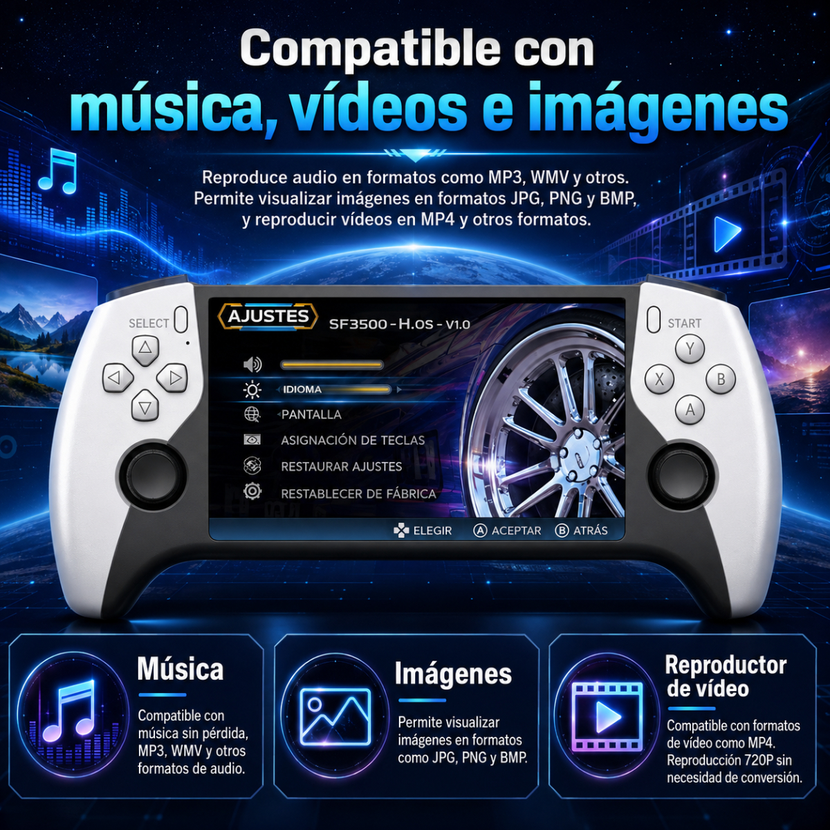 Consola multimedia portátil con agarres blancos, pantalla central con menú de ajustes e iconos de música, imágenes y vídeo.