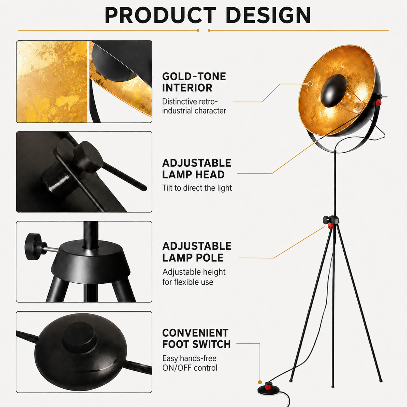 Caracteristicas de diseño de una lámpara de pie tipo tripode retro en negro y dorado con cabeza, poste y interruptor.