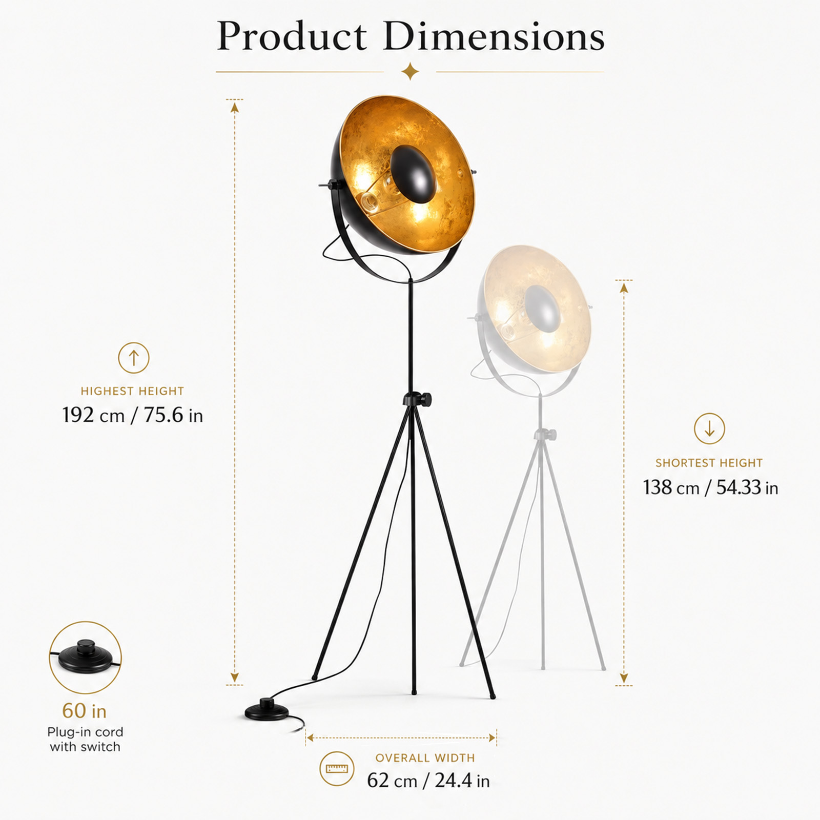 Dimensiones del producto de una lámpara de pie tipo trípode negra con pantalla interior dorada.
