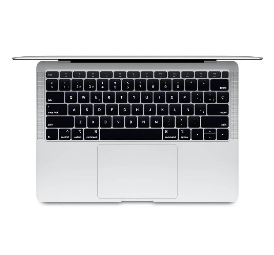Un teclado de portátil plateado con distribución QWERTY y un trackpad grande abajo.
