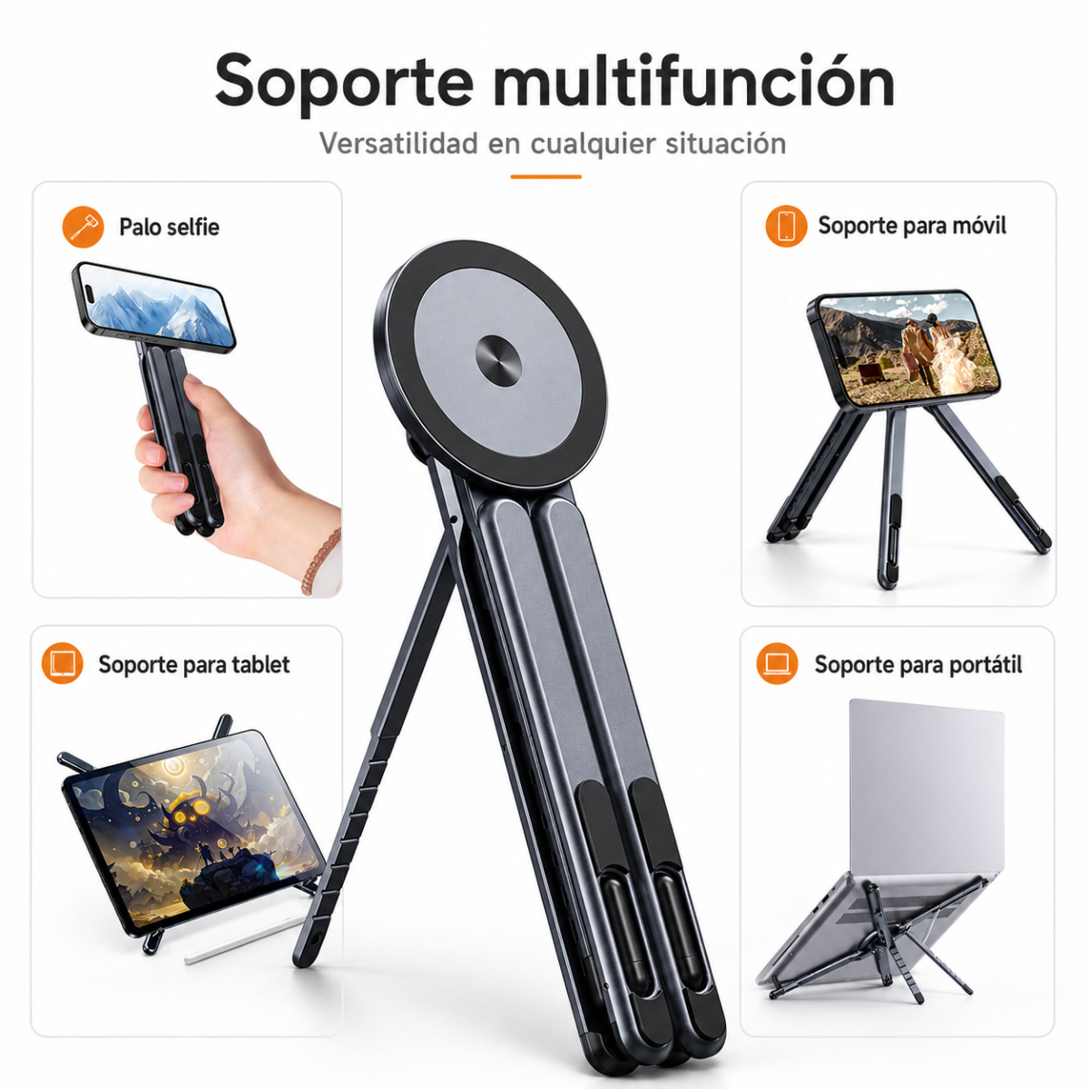 Un soporte multifunción para móviles, tablets y portátiles, mostrado con varios ejemplos de uso.