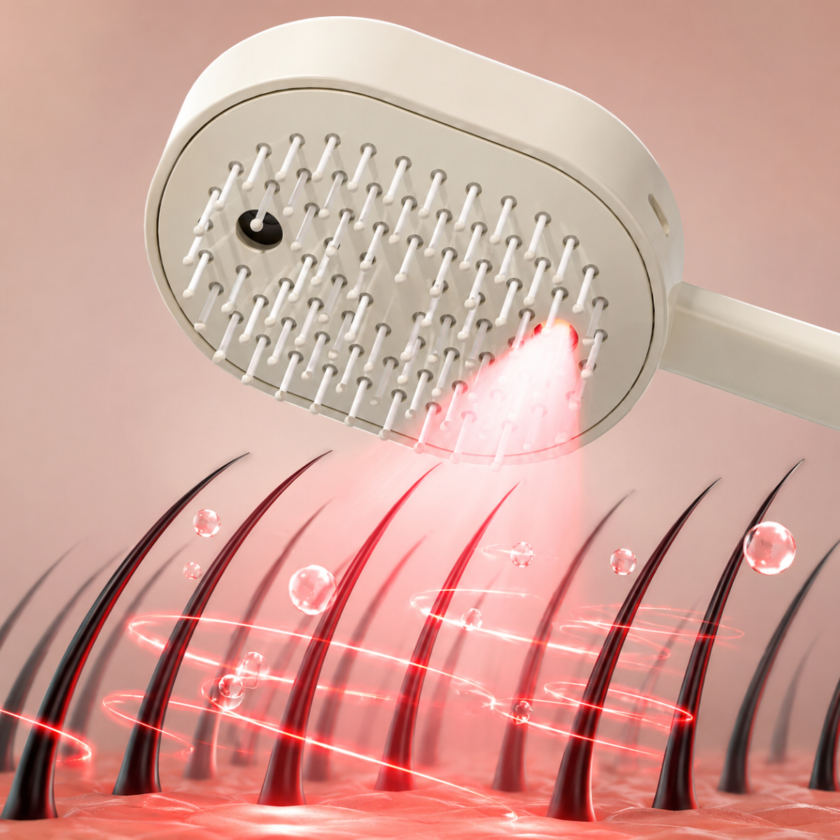 Un cabezal de ducha emite luz roja y ondas circulares sobre el cabello y el cuero cabelludo.