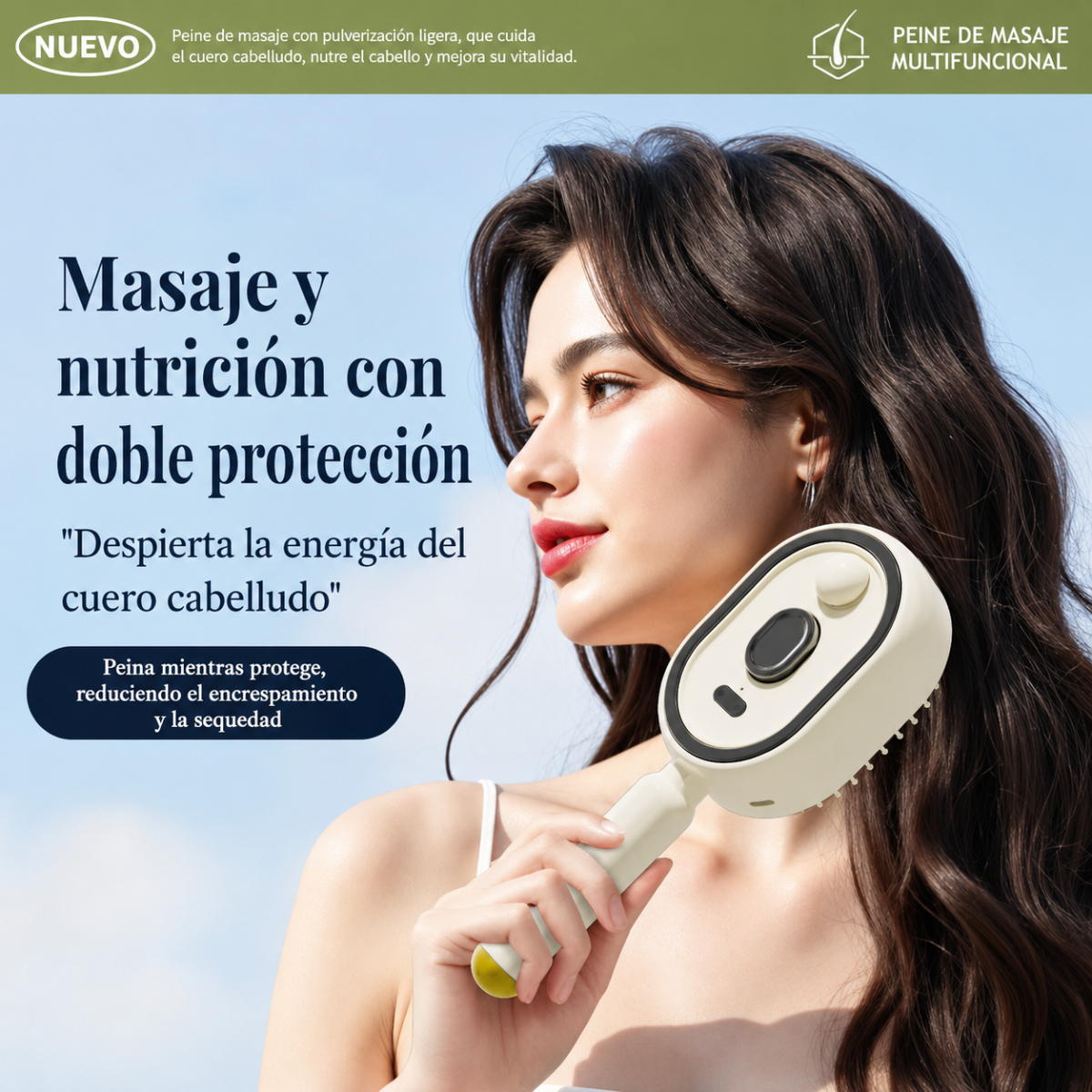 Una mujer sostiene un cepillo de pelo masajeador color crema, con texto promocional en español y fondo de cielo.