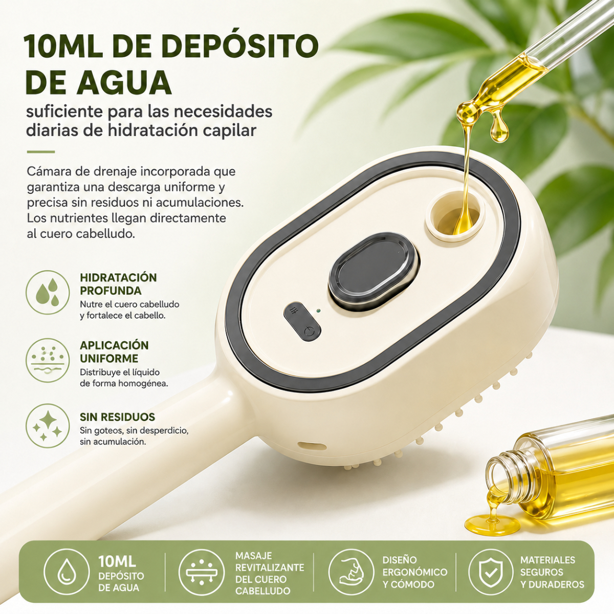Un cepillo masajeador de cuero cabelludo con tanque de agua y un gotero llenando aceite, sobre fondo verde.