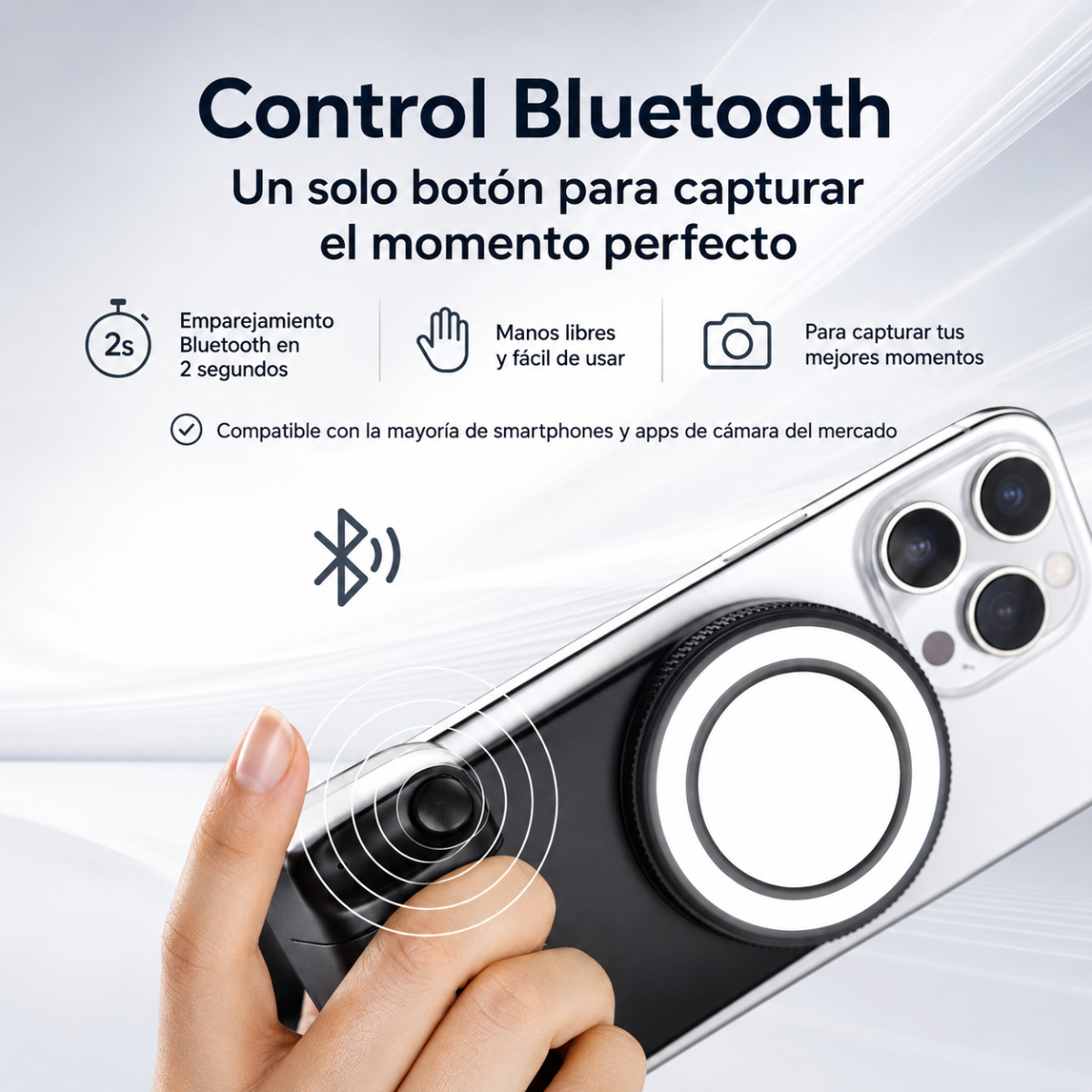 Anuncio de un grip de cámara Bluetooth acoplado a un smartphone, mostrando funciones y una mano sosteniéndolo.