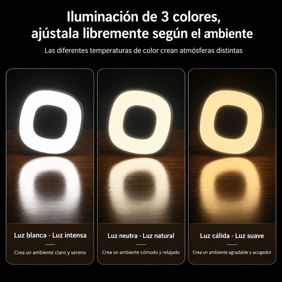 Tres luces LED redondeadas sobre madera muestran luz blanca, neutra y cálida con reflejos.