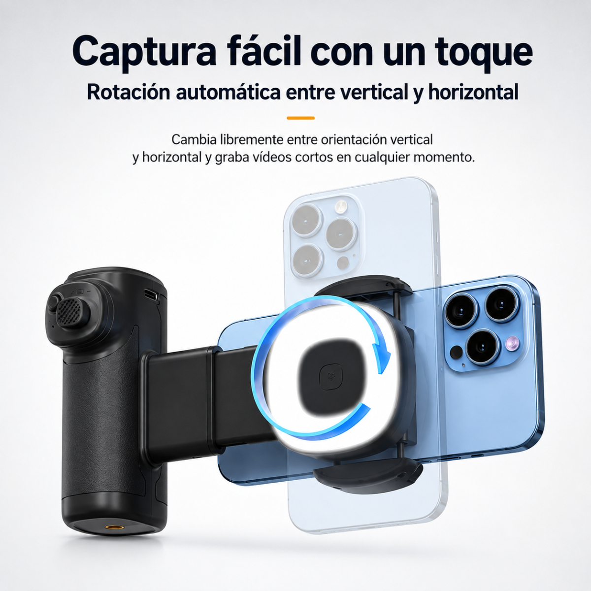 Empuñadura para smartphone con rotación automática para grabación vertical y horizontal, con texto.