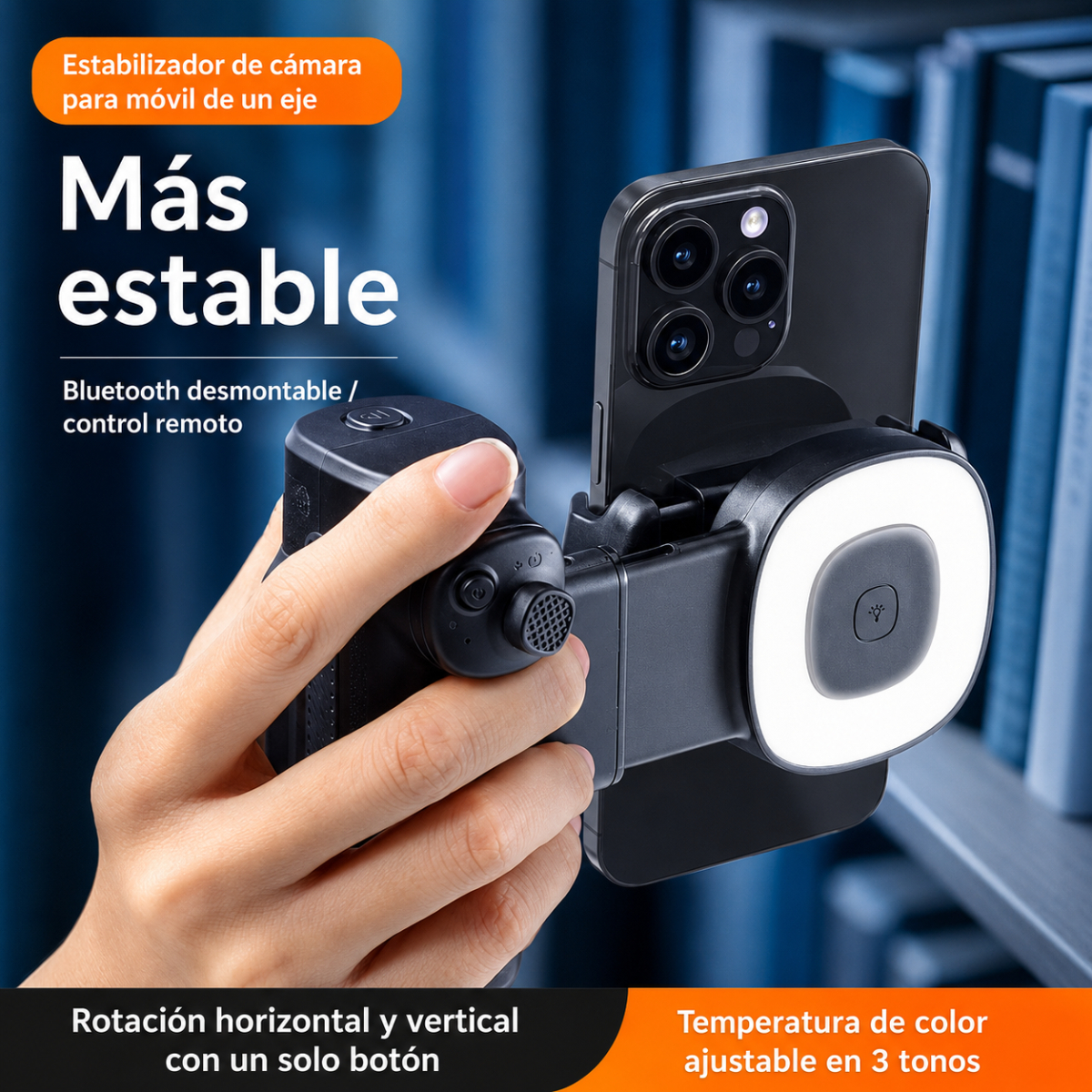 Una mano sostiene un estabilizador para móvil negro con luz de aro ante un fondo de estantería.