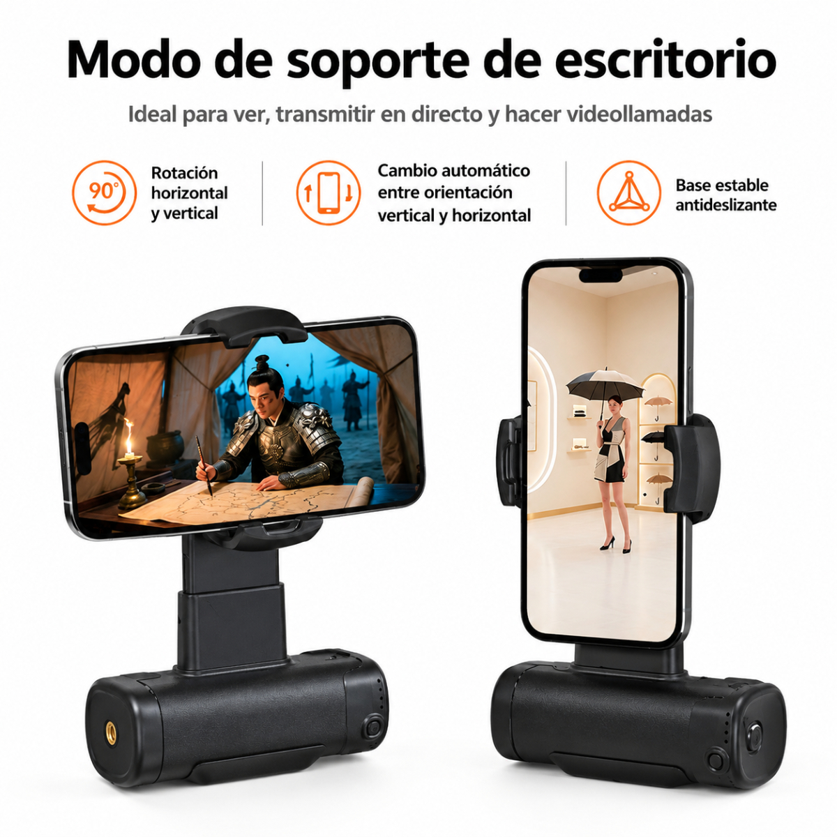 Soporte de móvil negro con vistas horizontal y vertical, base estable y texto.