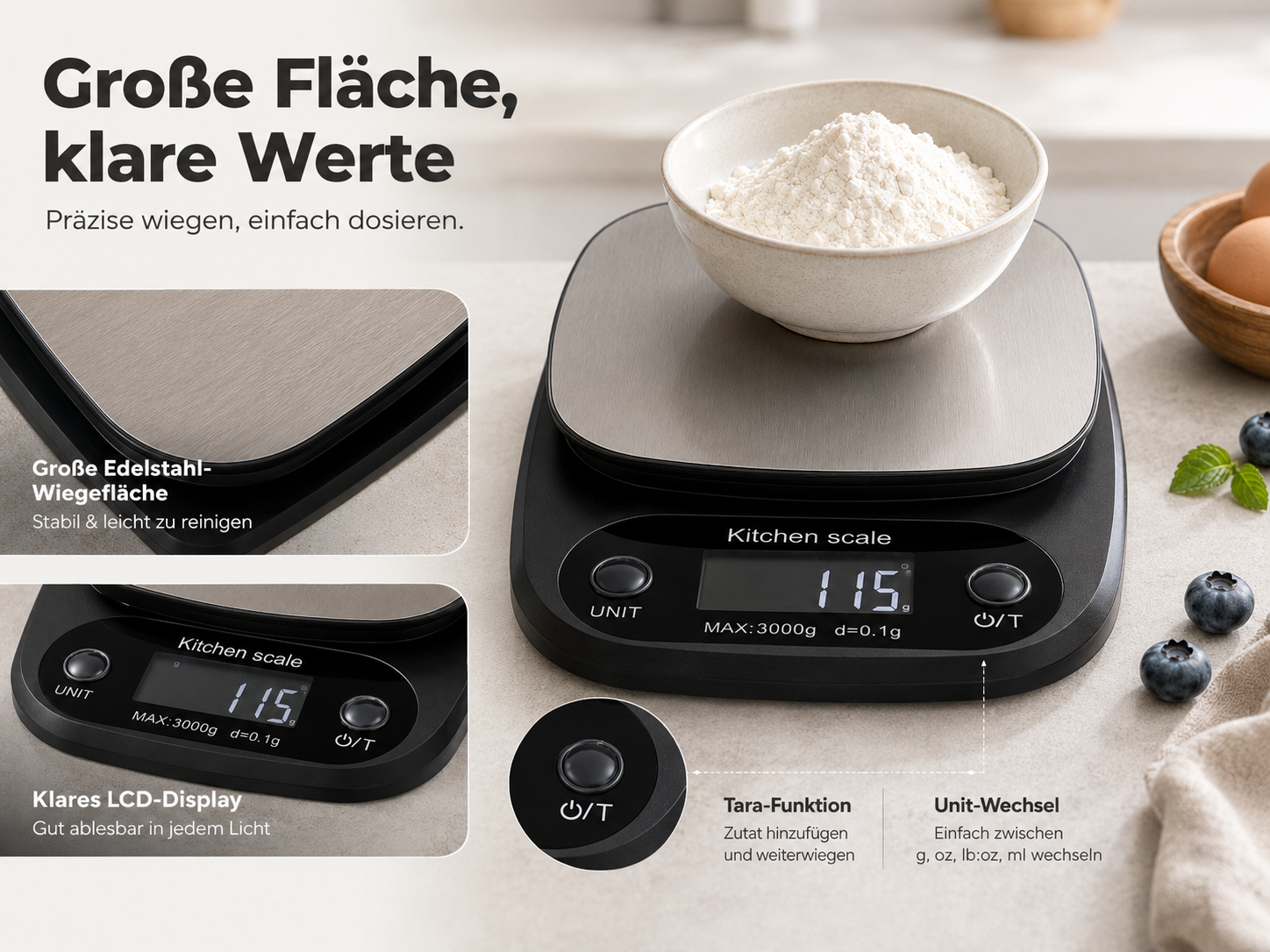 HIYORI 5kg / 0,1g Edelstahl Digital LCD Küchenwaage (Max. Tragkraft: 5 kg