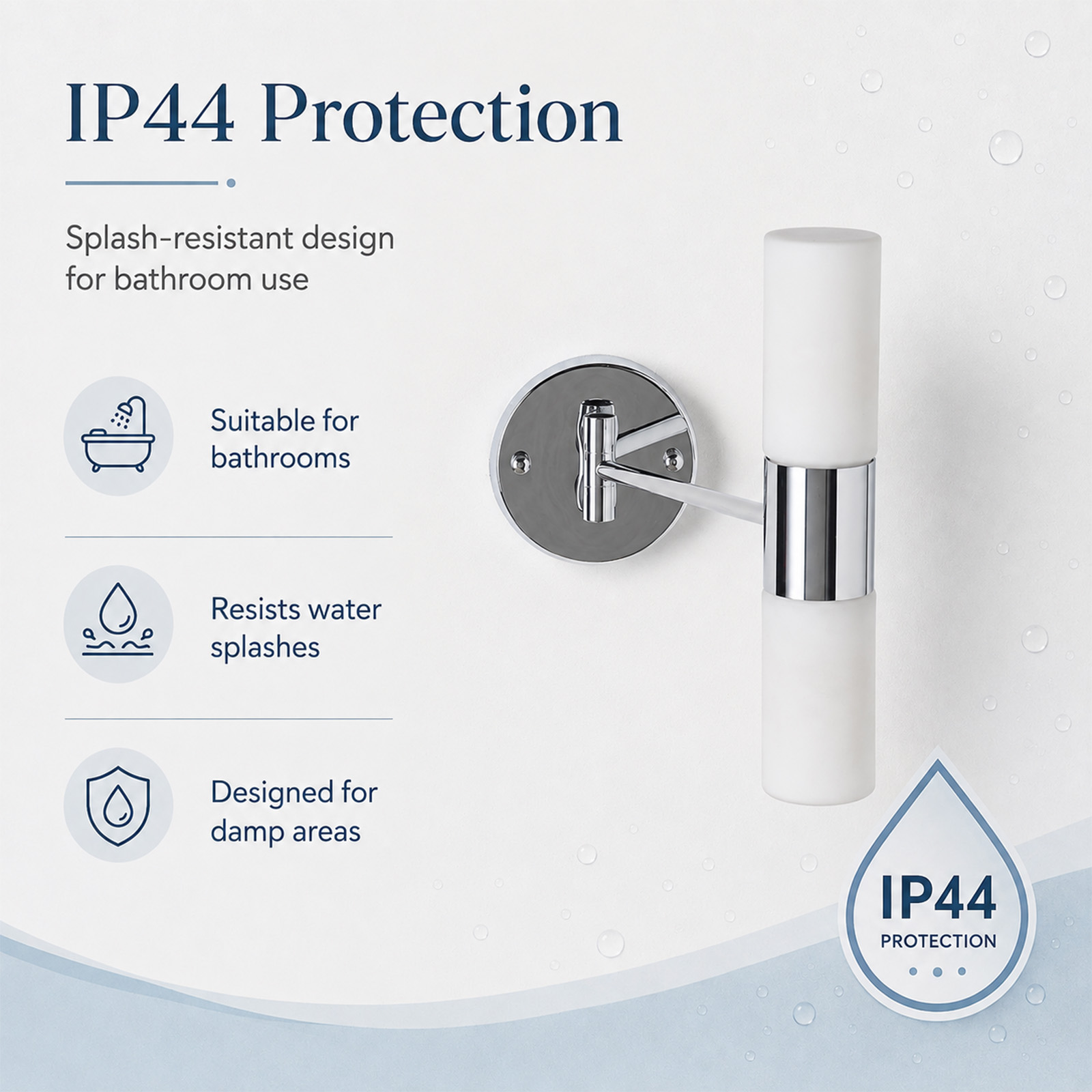 Lámpara de pared IP44 para baños, con diseño resistente a salpicaduras.