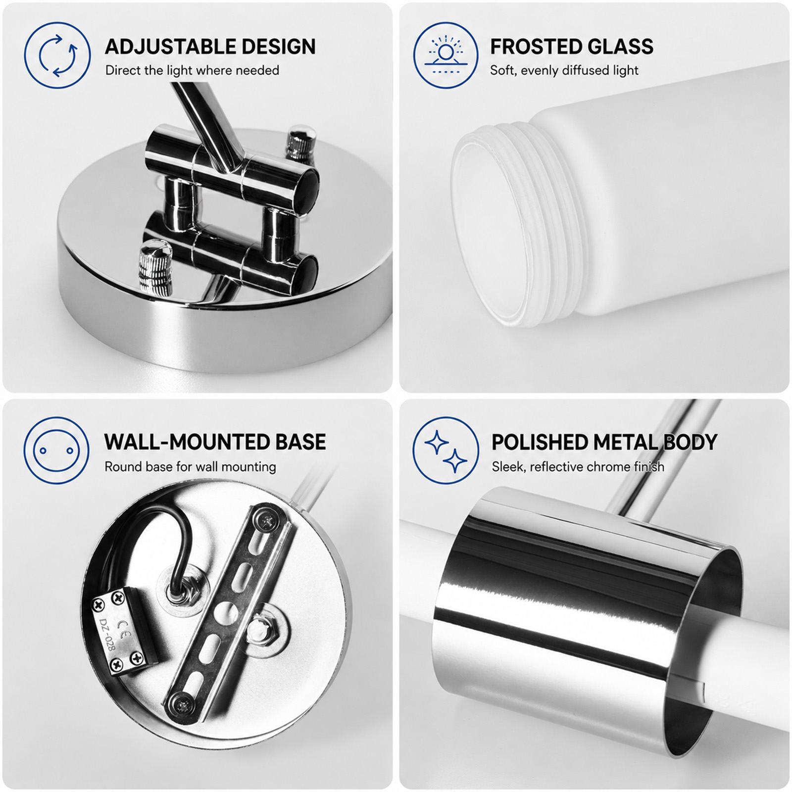 Cuatro paneles muestran detalles de lámpara: diseño ajustable, vidrio esmerilado, base y cuerpo de metal.