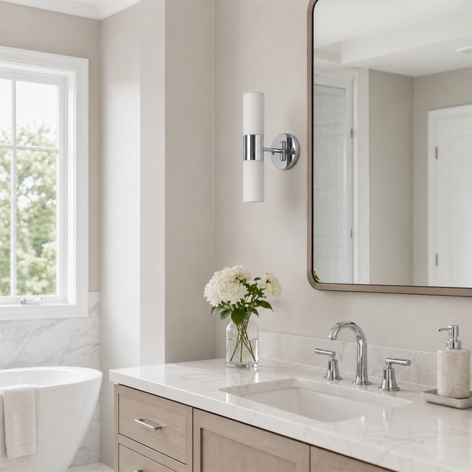 Un baño luminoso con mueble de madera clara, encimera de mármol, espejo y aplique moderno.