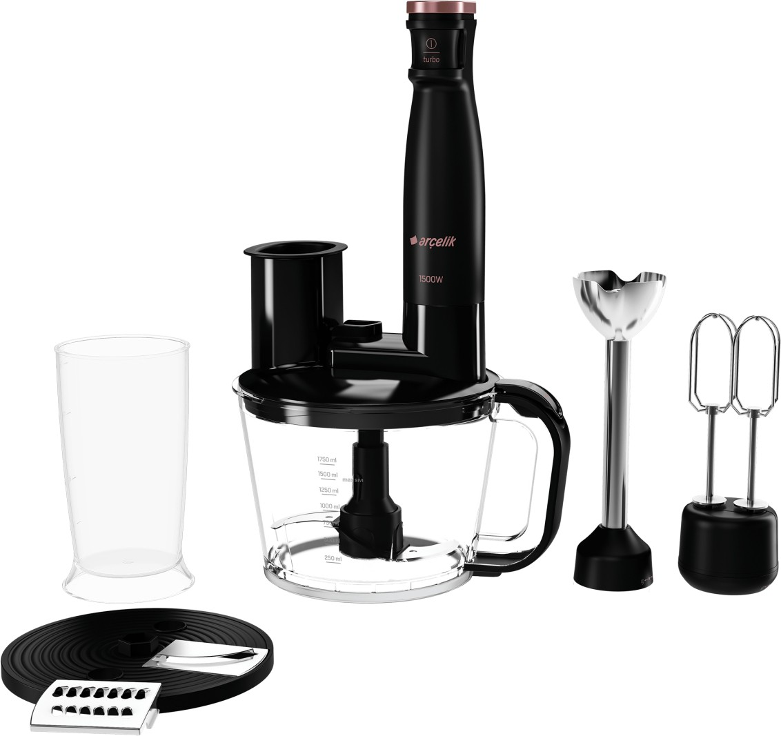 Beyaz zemin üzerinde aparatları, ölçü kabı, haznesi, çırpıcıları ve rende diskleri bulunan siyah Arçelik el blender seti.