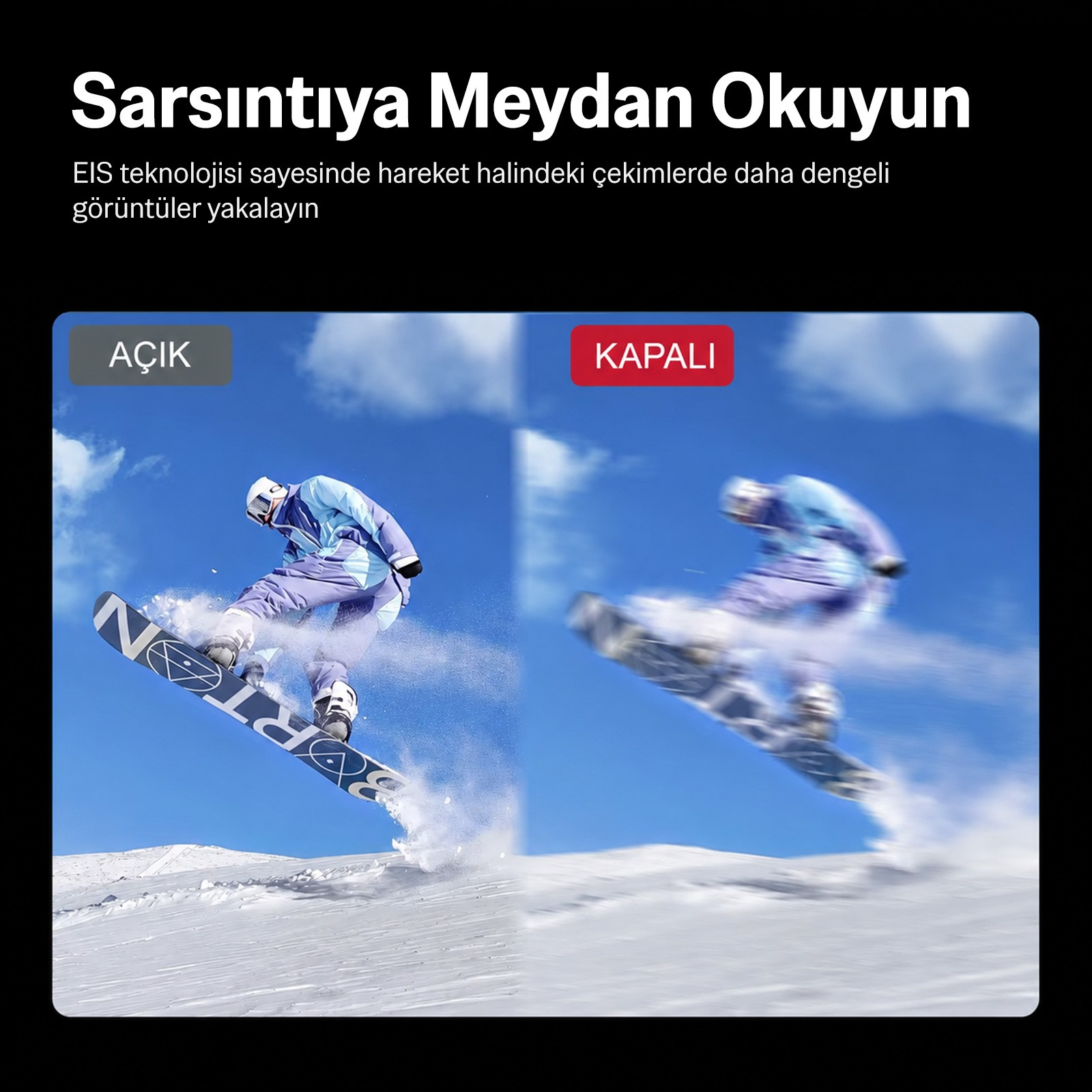 EIS'nin net ve bulanık fotoğraflarla dengeleyici etkisini gösteren iki snowboard görselinin karşılaştırması.