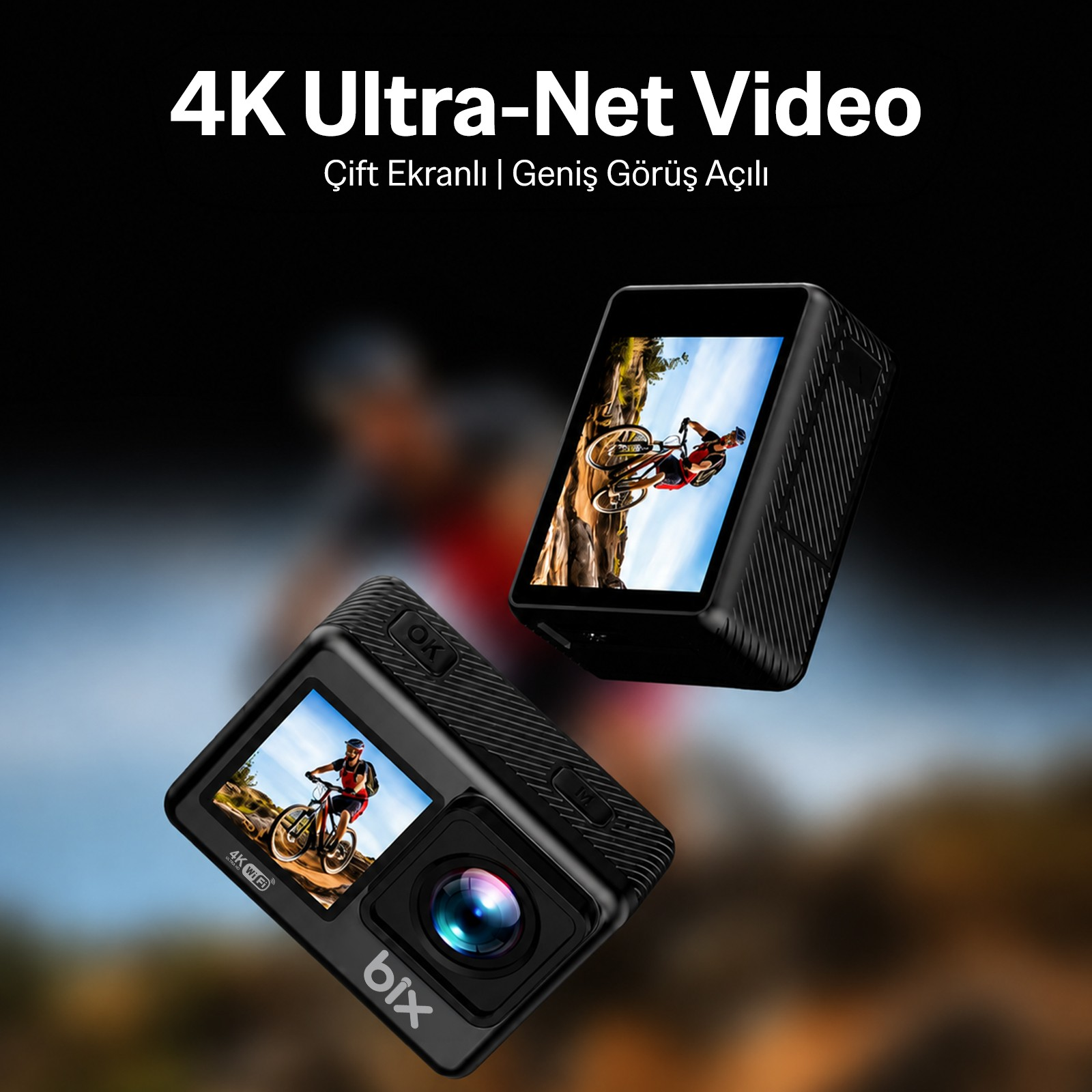Bulanık arka planda süzülen, ekranlarında bisikletçi gösteren iki siyah aksiyon kamerası ve üstte 4K yazısı.