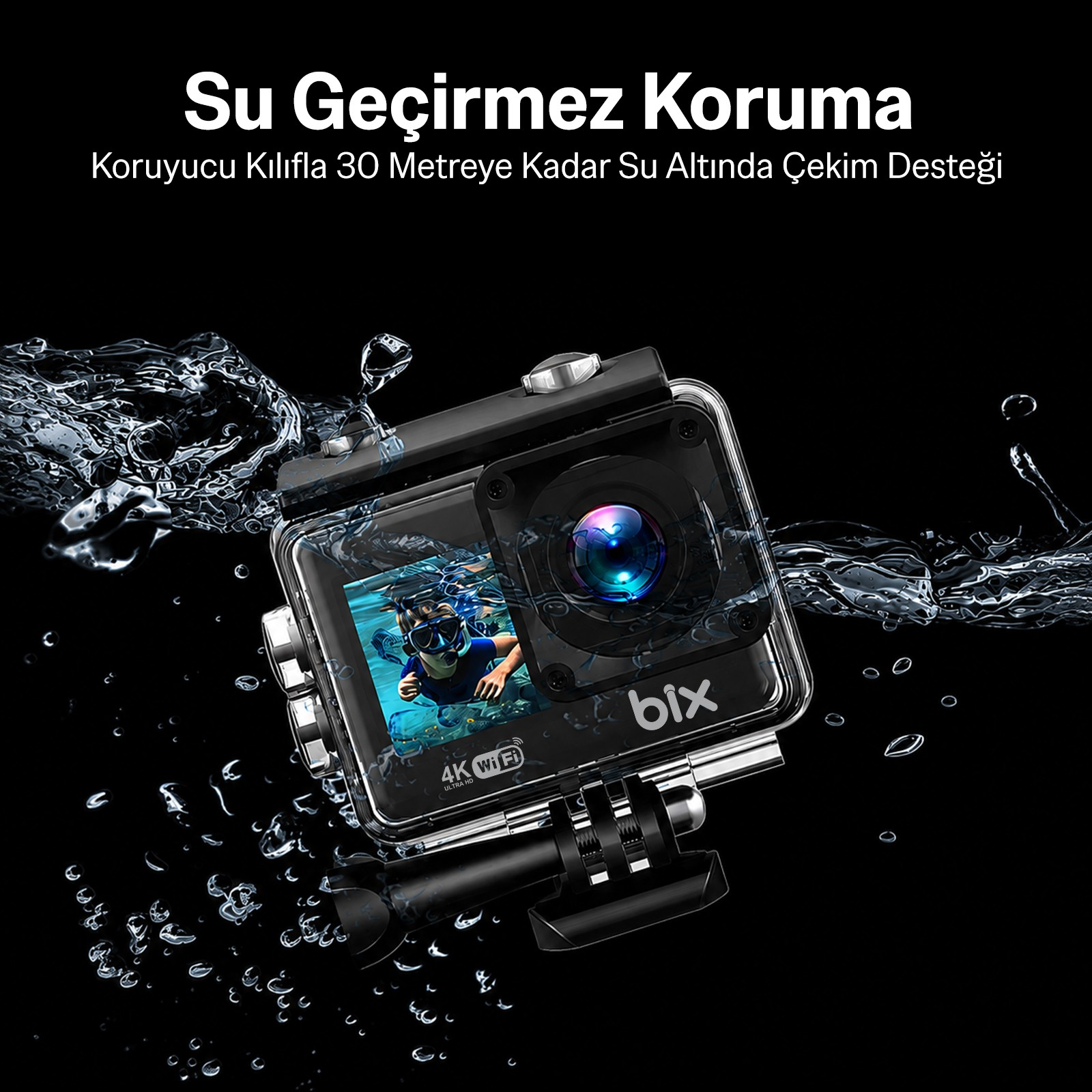 Siyah arkaplan üzerinde su sıçramalarıyla çevrili, kılıf içinde su geçirmez aksiyon kamerası.