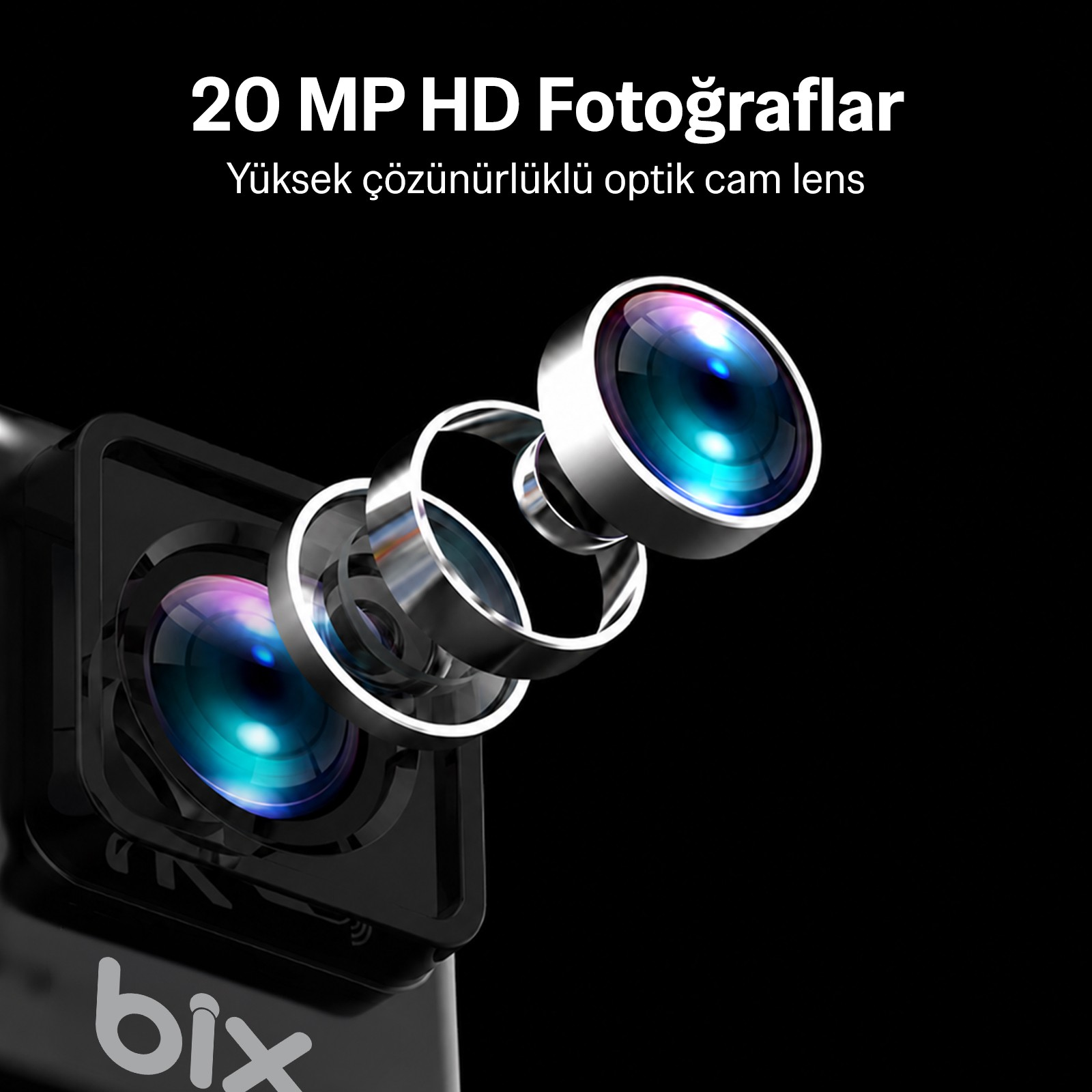 Siyah arka plan üzerinde optik cam elementlerine sahip 20 MP kamera lens yapısının patlatılmış görünümü ve bix logosu.