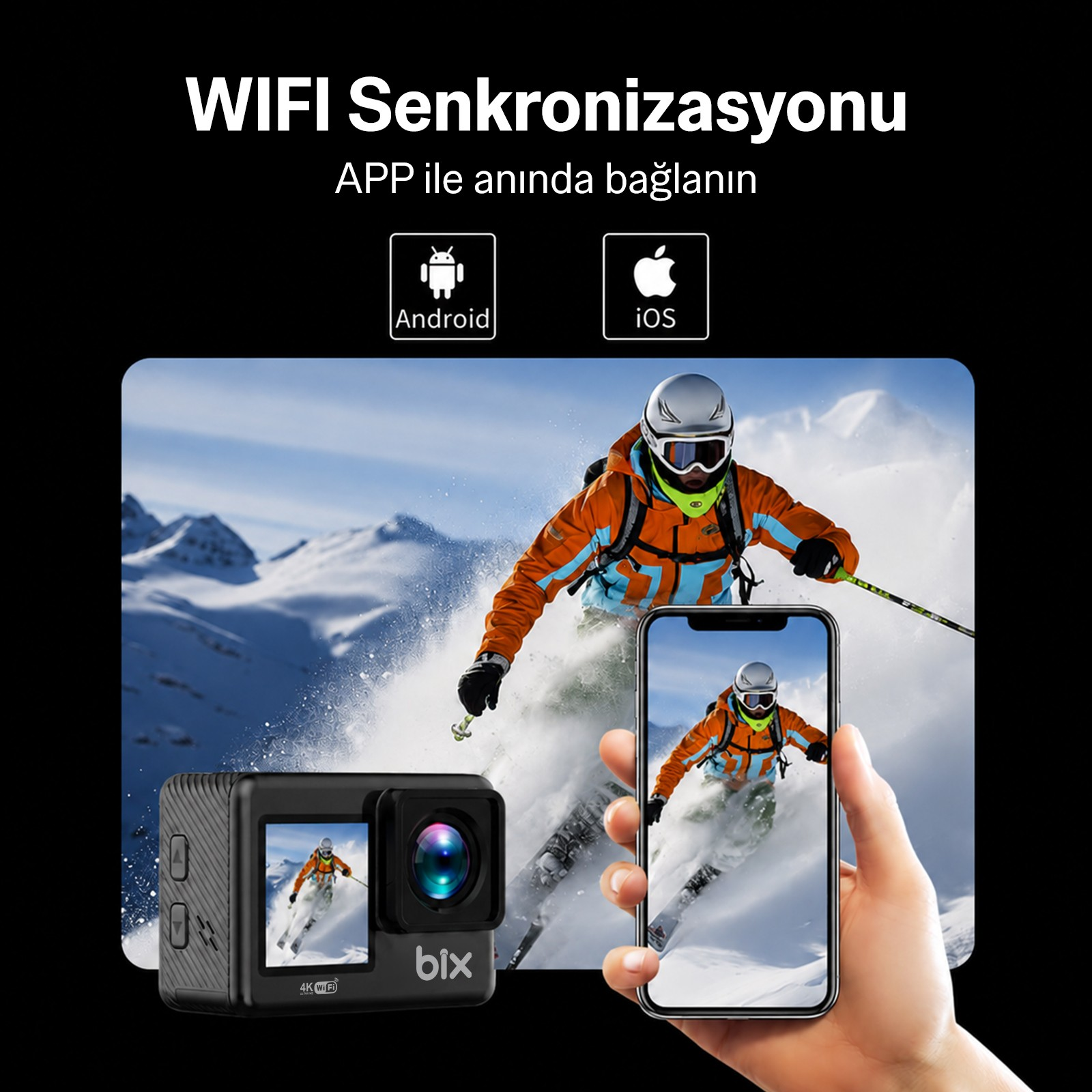 Kar üstünde kayan bir kayakçı ile akıllı telefona kablosuz bağlanan aksiyon kamerası.