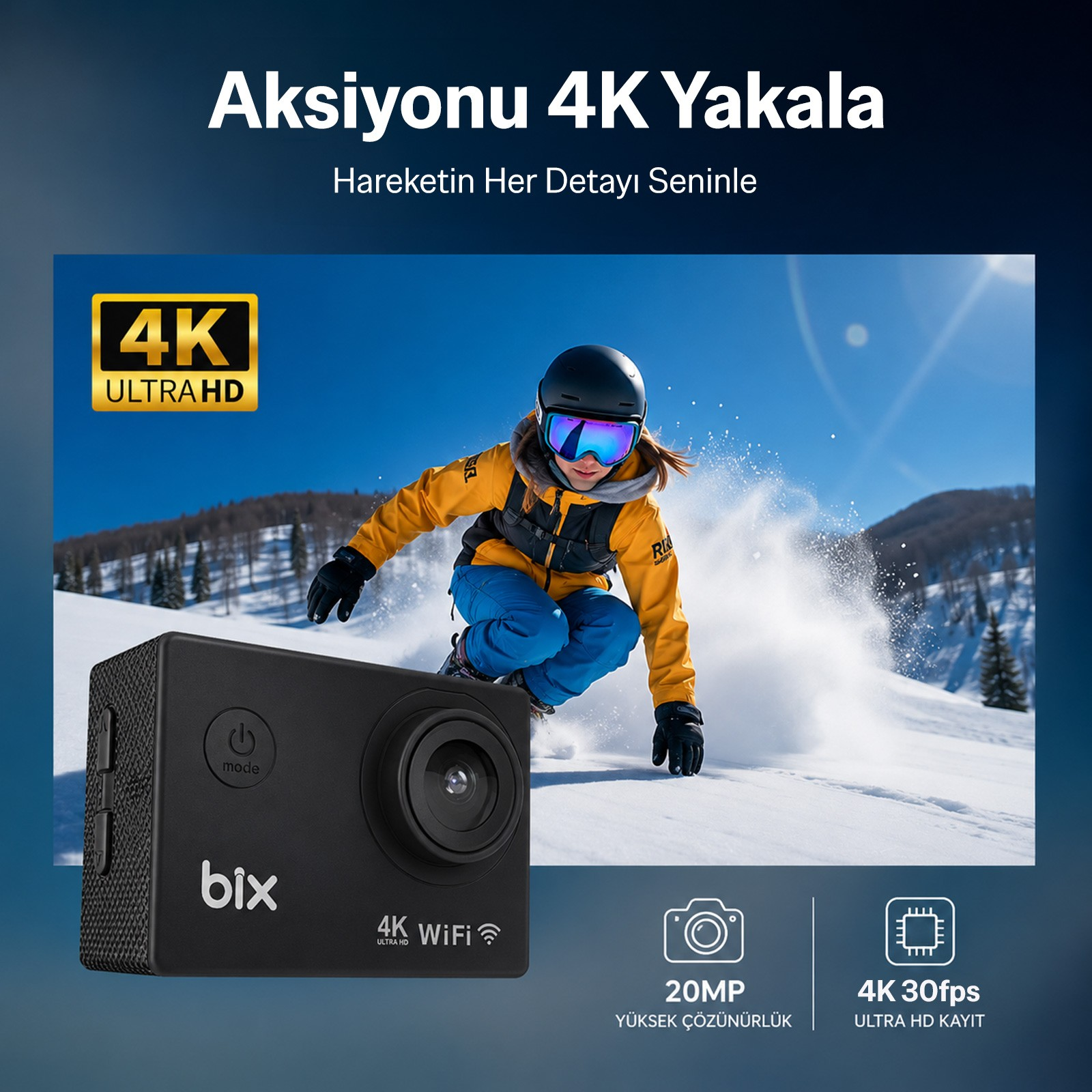 Sarı montlu snowboardcu ve karlı dağ manzarasının önünde duran siyah bir aksiyon kamerası.