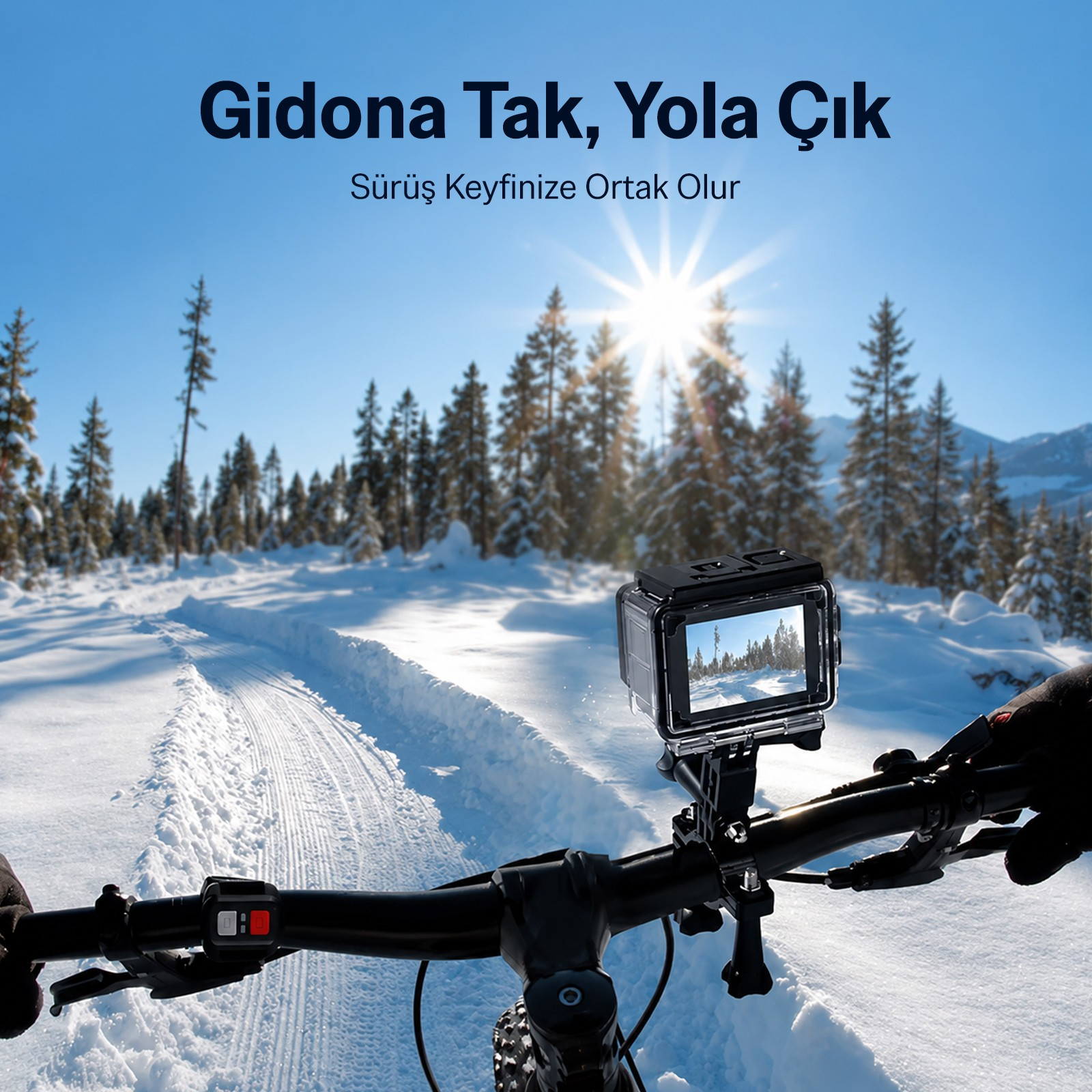 Karlı bir ormanda bisiklet gidonuna monte edilmiş aksiyon kamerası.