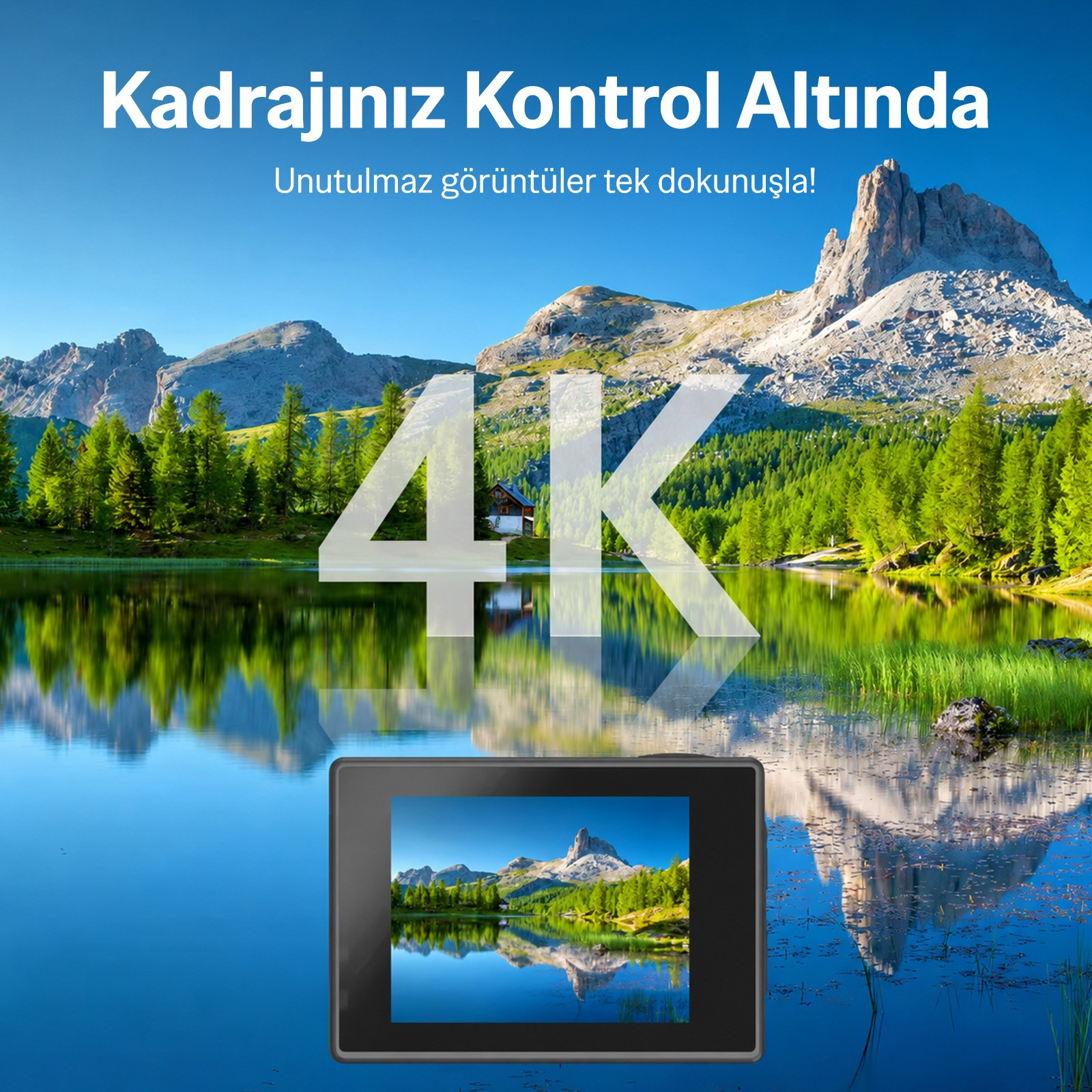 Dağlar önünde göl, 4K yazısı ve ön planda küçük bir kamera.
